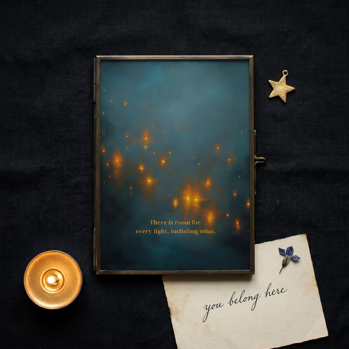 "There is room for every light, including mine." — Teal & Gold Distant Lights Abstract Print