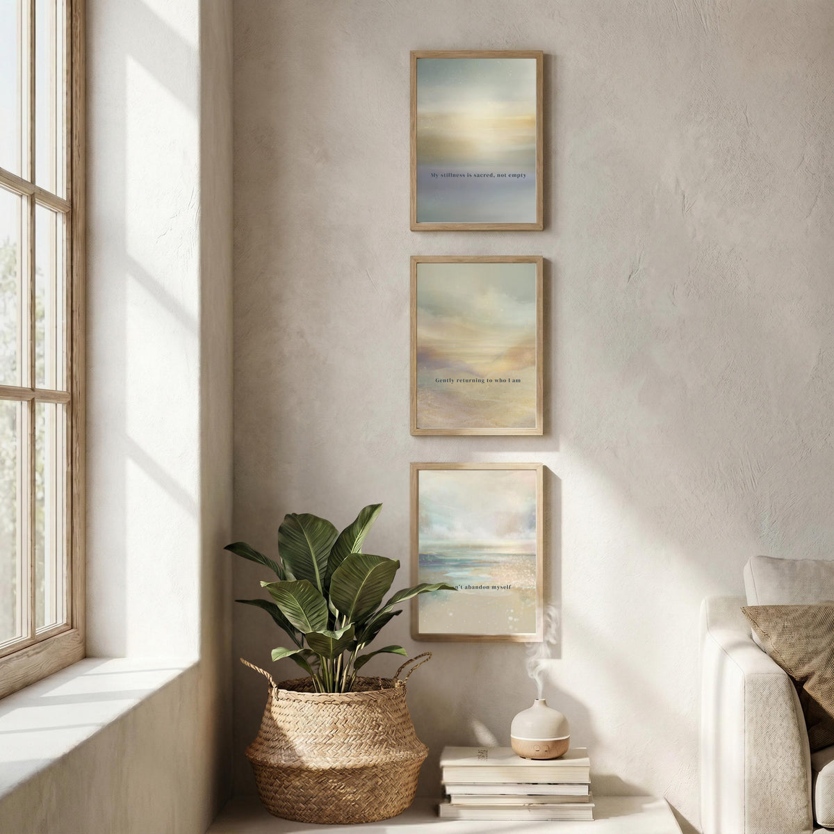 "Stillness, returning, belonging." — Mindfulness Gallery Wall Set of 3, Ethereal Aura Affirmation Prints