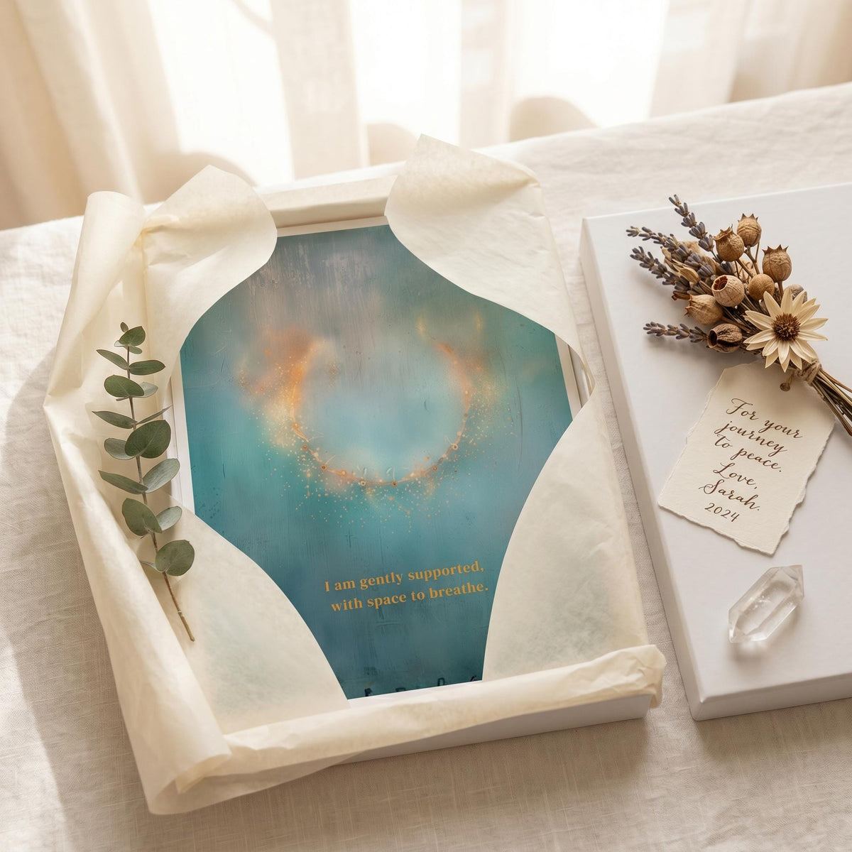 "I am gently supported, with space to breathe." — Teal & Gold Circle of Light Abstract Print