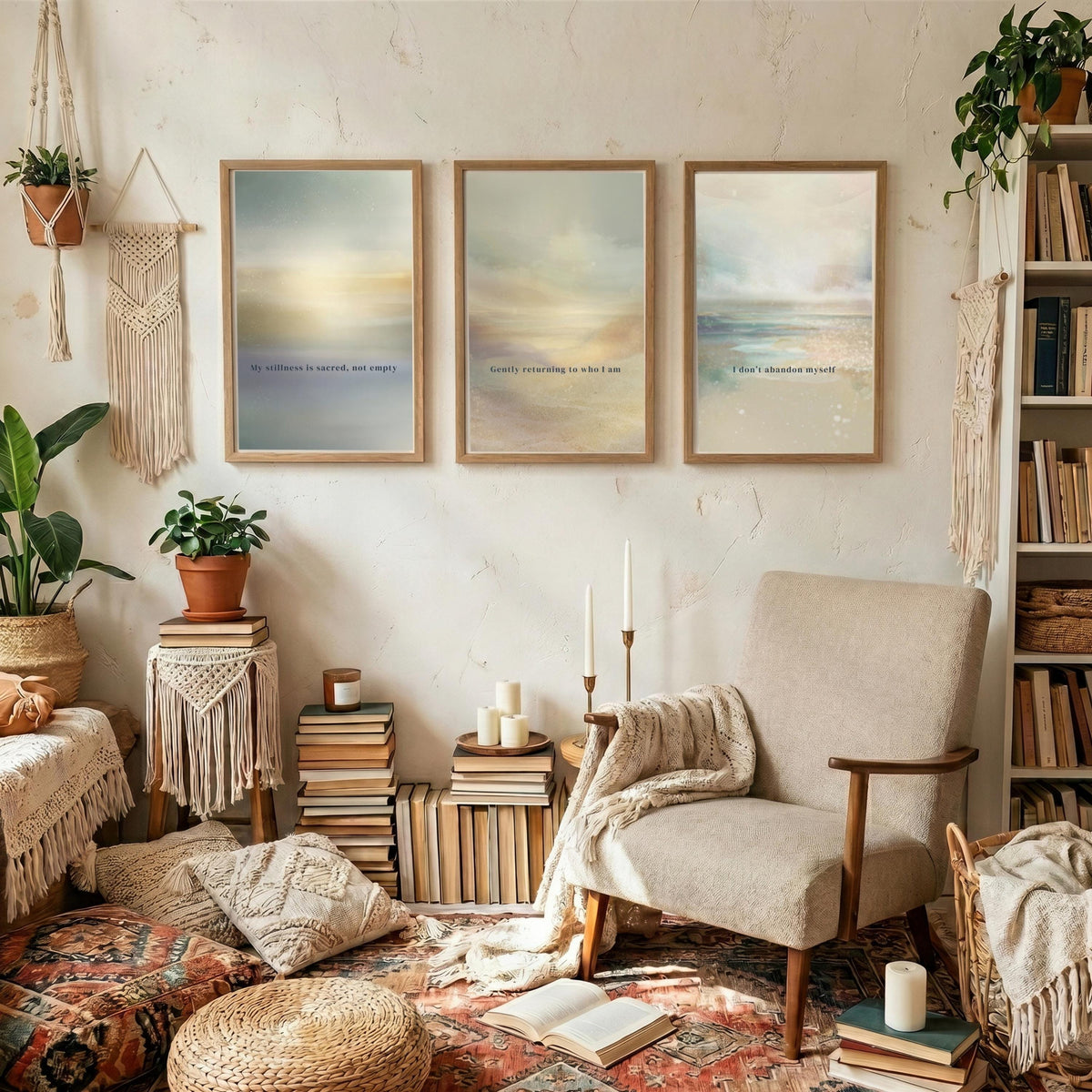 "Stillness, returning, belonging." — Mindfulness Gallery Wall Set of 3, Ethereal Aura Affirmation Prints