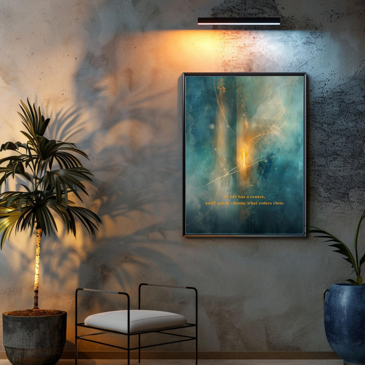 "My life has a center, and I gently choose what comes close." — Patina Blue Abstract Moon Print