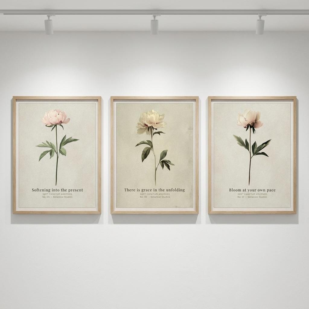 "Bloom, unfold, soften." — Vintage Peony Print Set of 3, Soft Botanical Grandmillennial Gallery Wall (Digital Download)