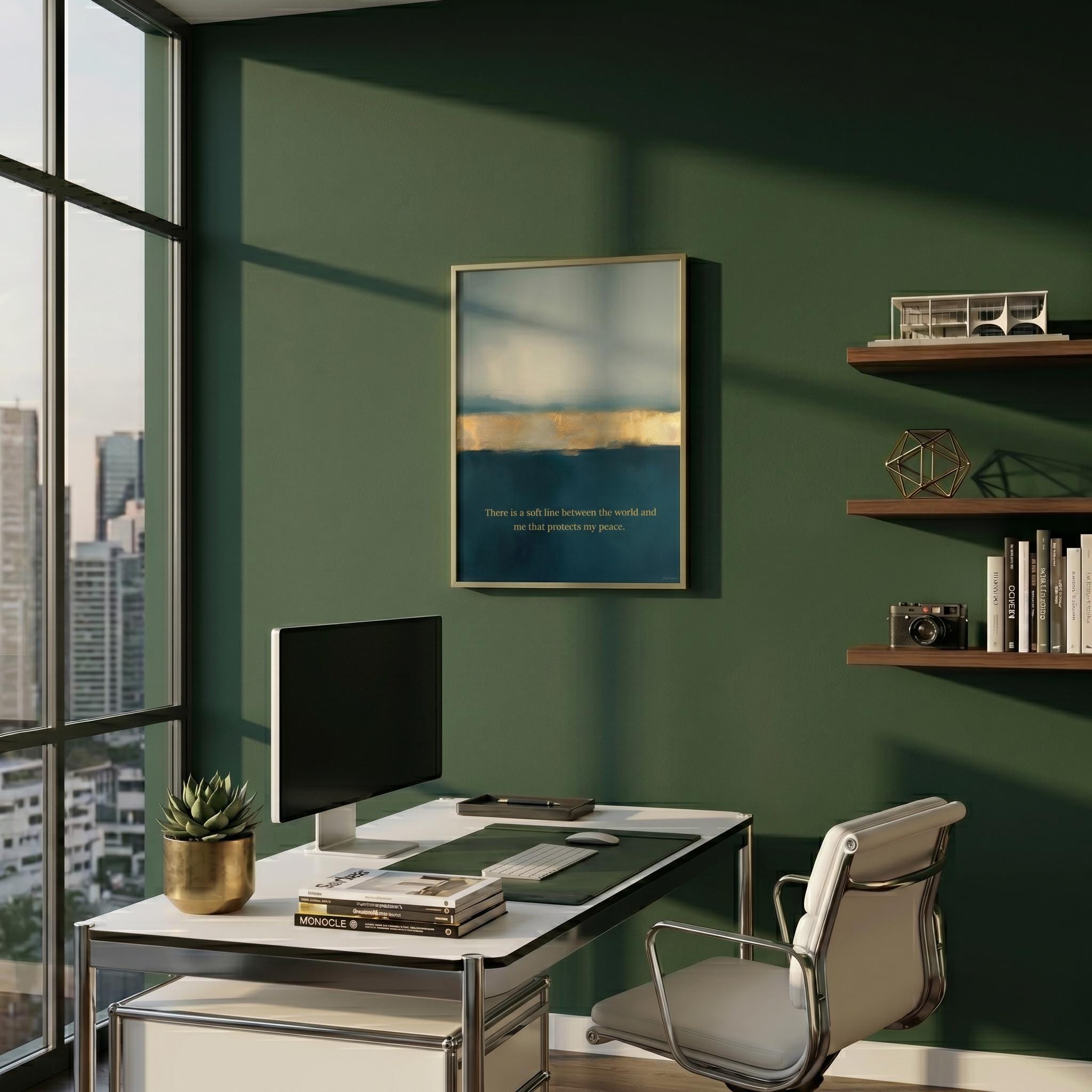 A modern home office scene with a dark green wall, a framed abstract landscape print hanging above a white desk, a computer monitor, chair, shelves, books, and a city view through a large window.