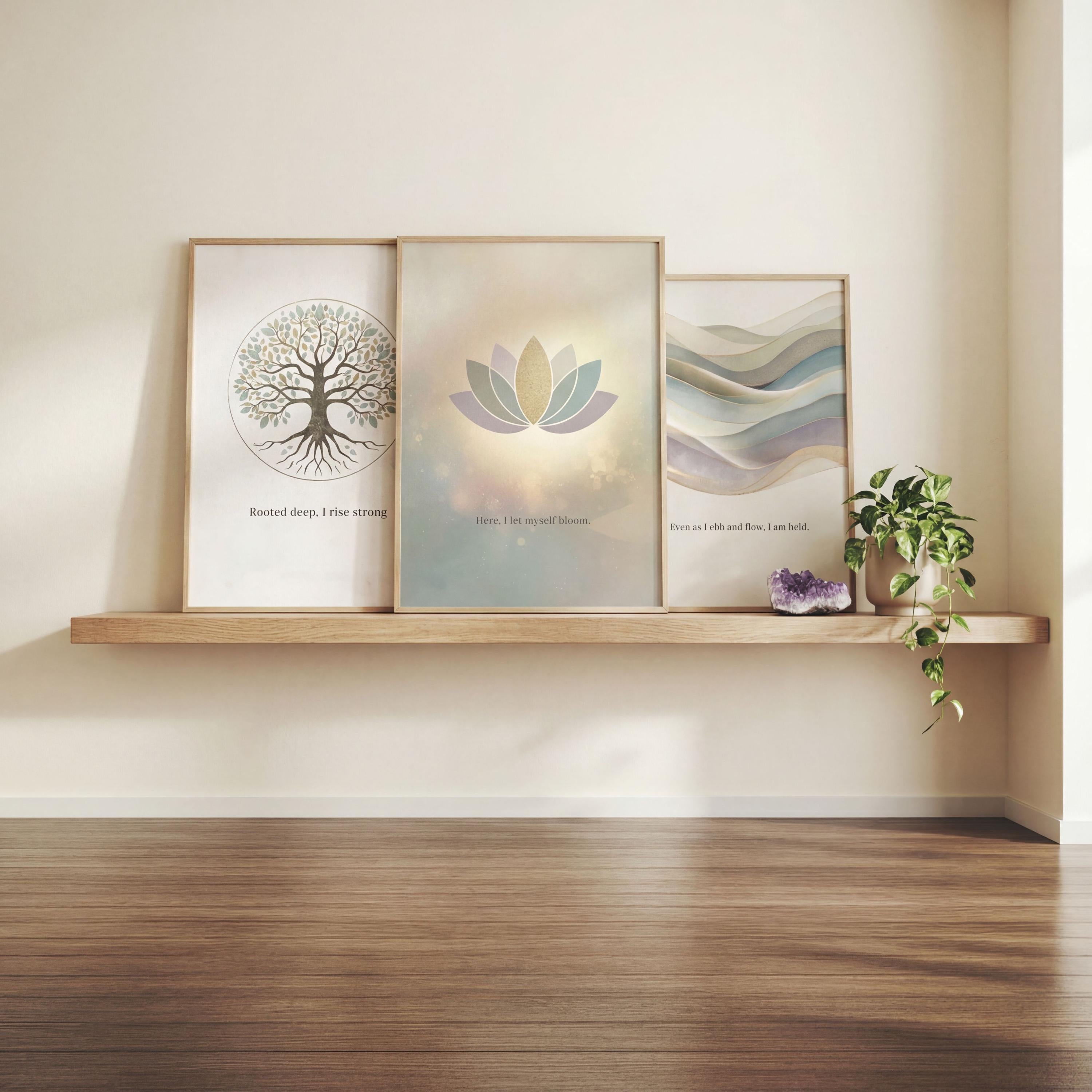 "Rooted, flowing, blooming." — Healing Journey Gallery Wall Set of 3, Pastel Affirmation Prints