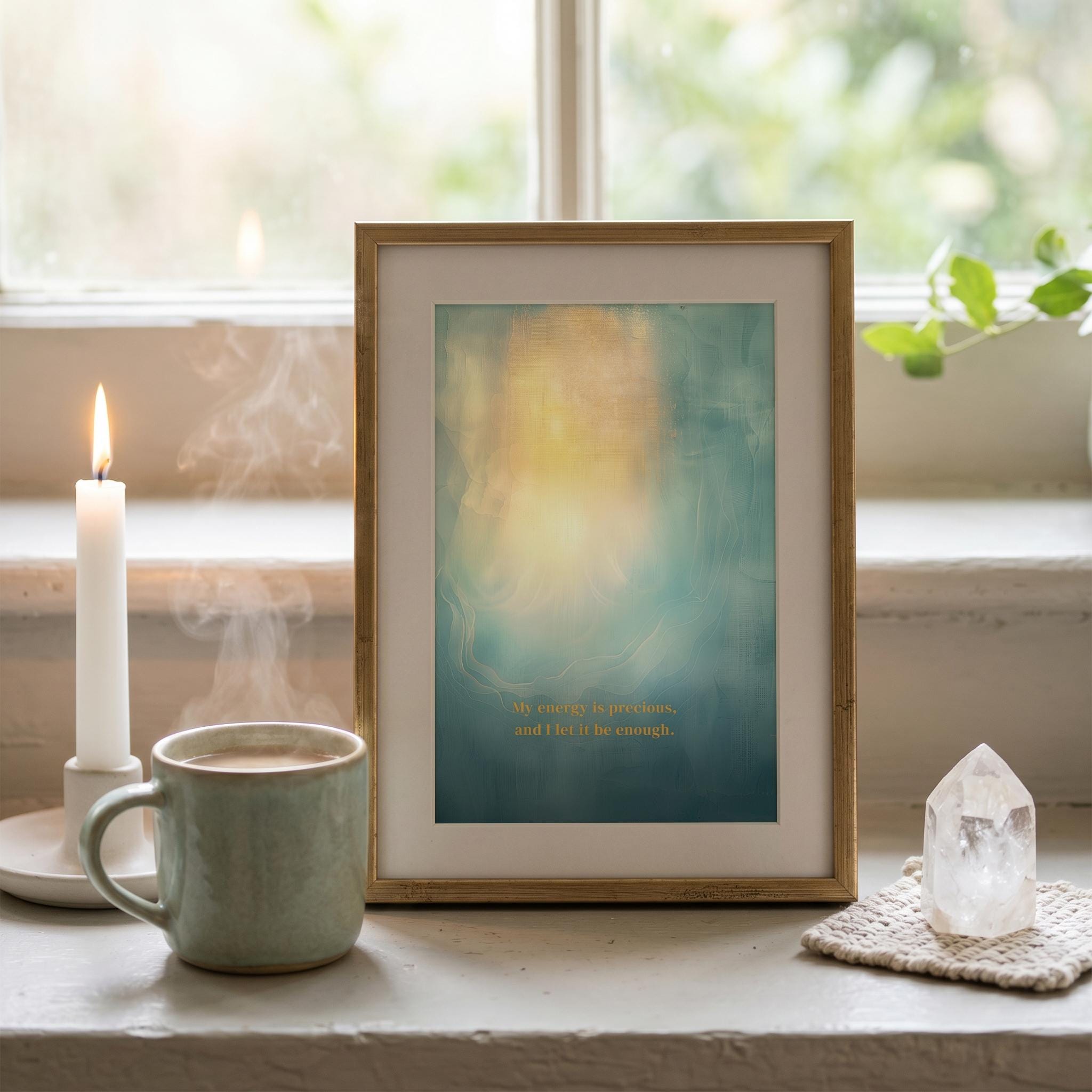 "My energy is precious, and I let it be enough." — Teal & Gold Vertical Glow Abstract Print