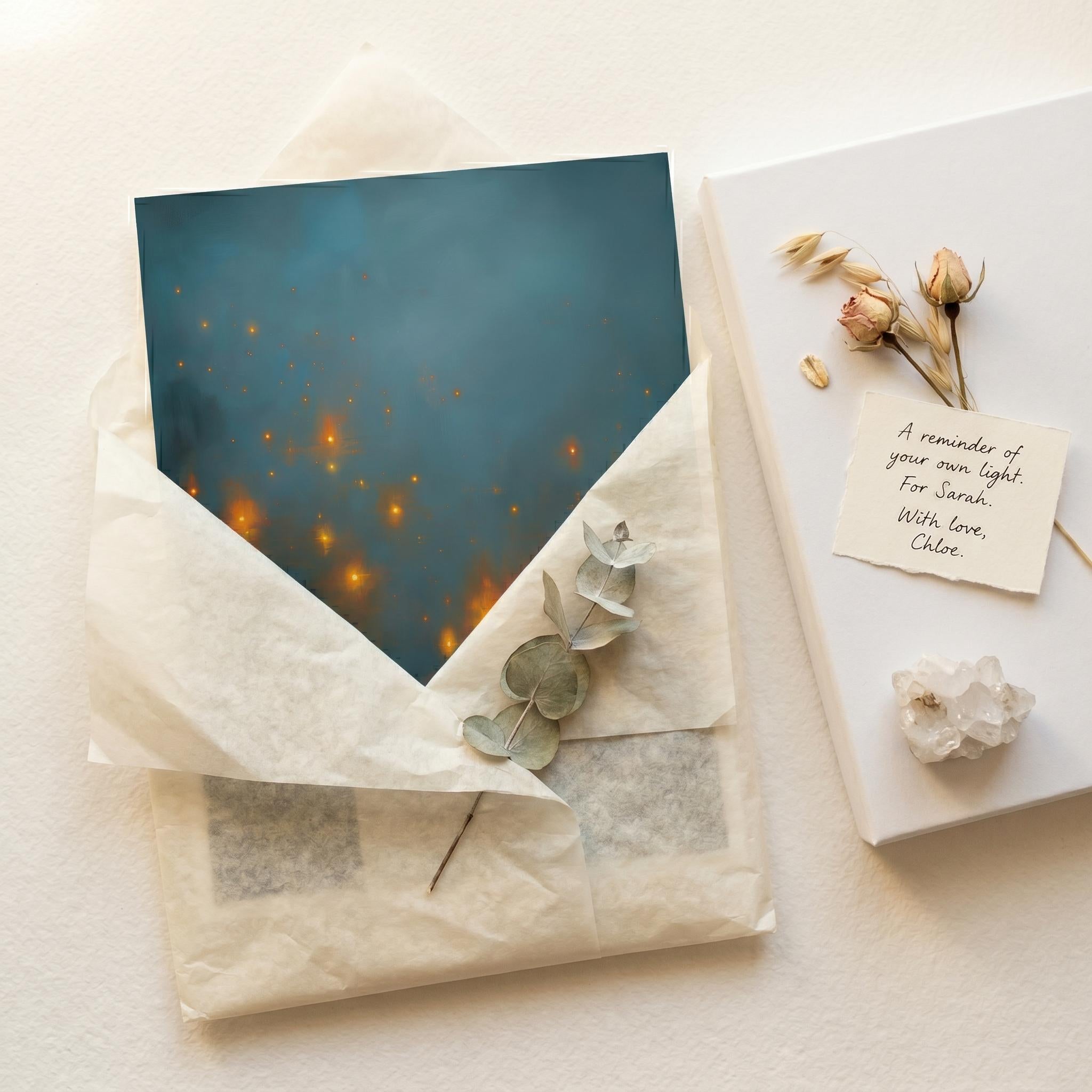 "There is room for every light, including mine." — Teal & Gold Distant Lights Abstract Print
