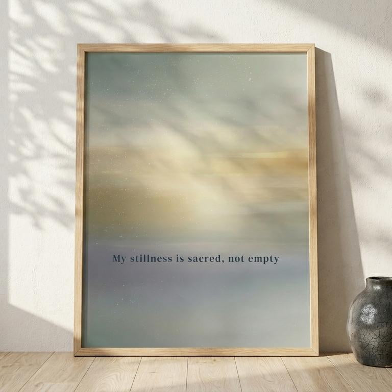 A framed art print leaning against a textured white wall on a light wood floor, next to a small dark ceramic vase. The print features an abstract soft gradient background in muted blue, beige, and yellow tones with the text 'My stillness is sacred, not empty' in a small black serif font.