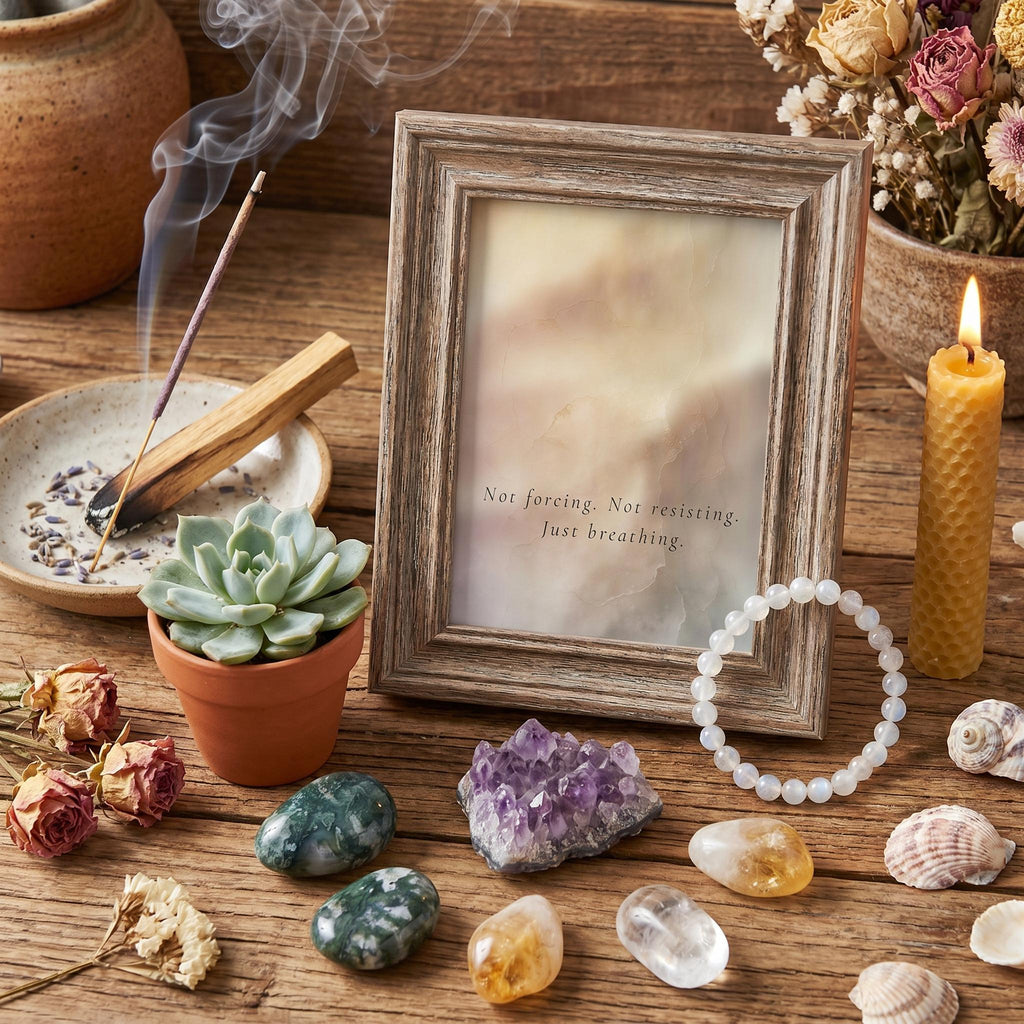 A rustic wooden picture frame with the printed words 'Not forcing. Not resisting.