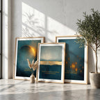 "Deep teal, gold light, sacred space." — Celestial Teal & Gold Gallery Wall Set of 9, Abstract Landscape Hallway Prints