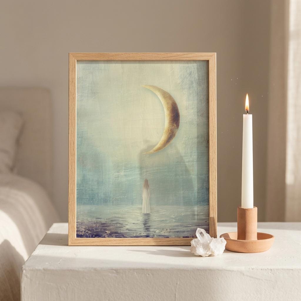 "Rest, reset, begin again." — New Moon Celestial Print, Minimalist Spiritual Wall Art