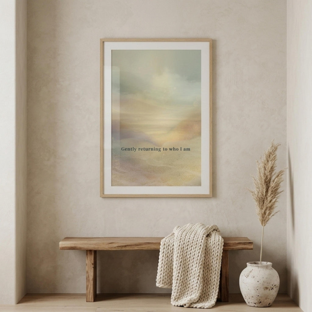 "Gently returning to who I am." — Warm Sand Landscape Print, Japandi Wabi Sabi Abstract Wall Art