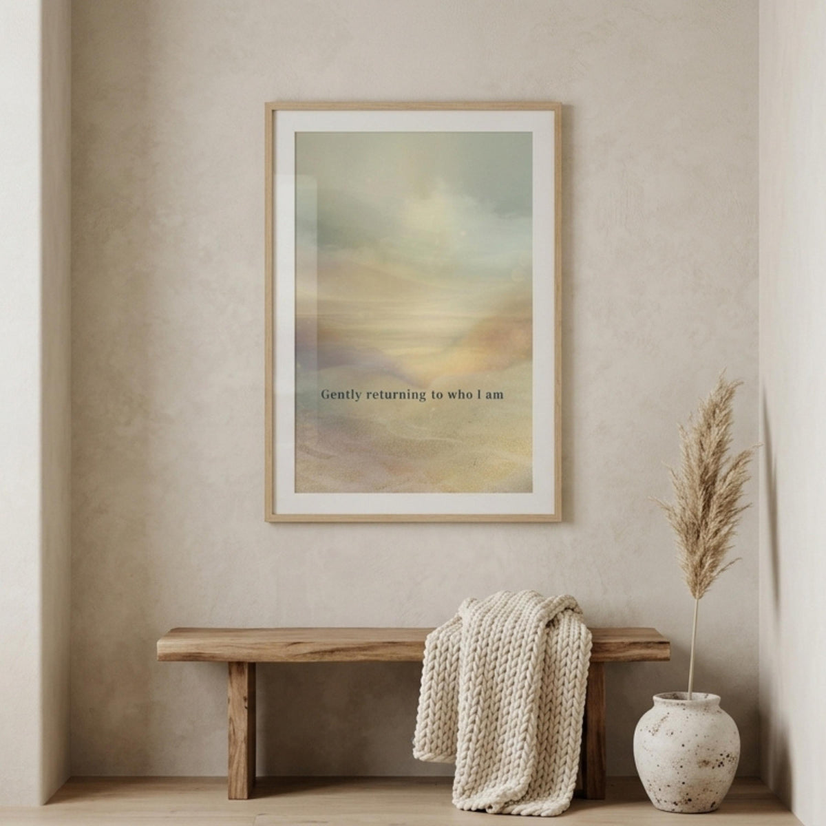 "Gently returning to who I am." — Warm Sand Landscape Print, Japandi Wabi Sabi Abstract Wall Art