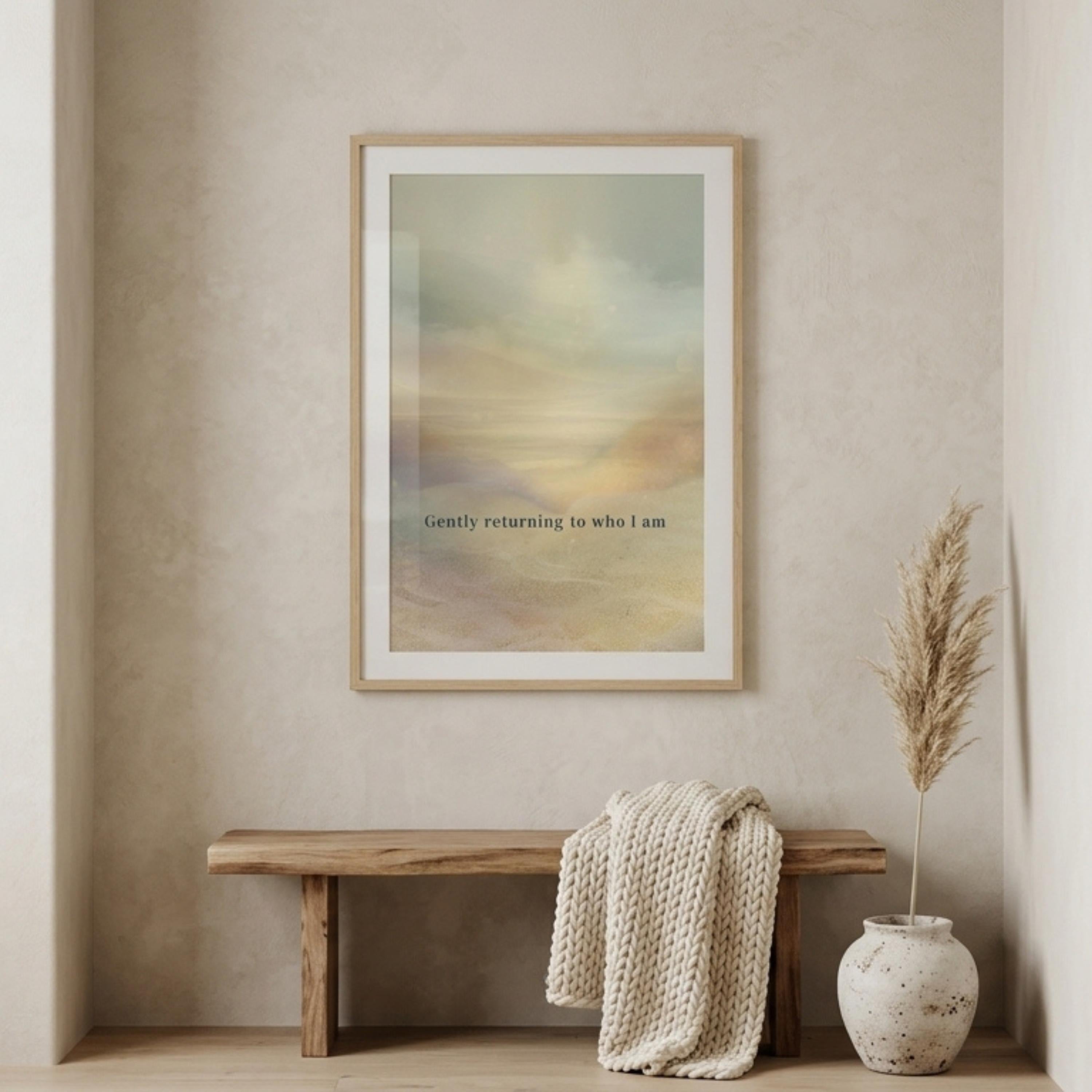 "Gently returning to who I am." — Warm Sand Landscape Print, Japandi Wabi Sabi Abstract Wall Art