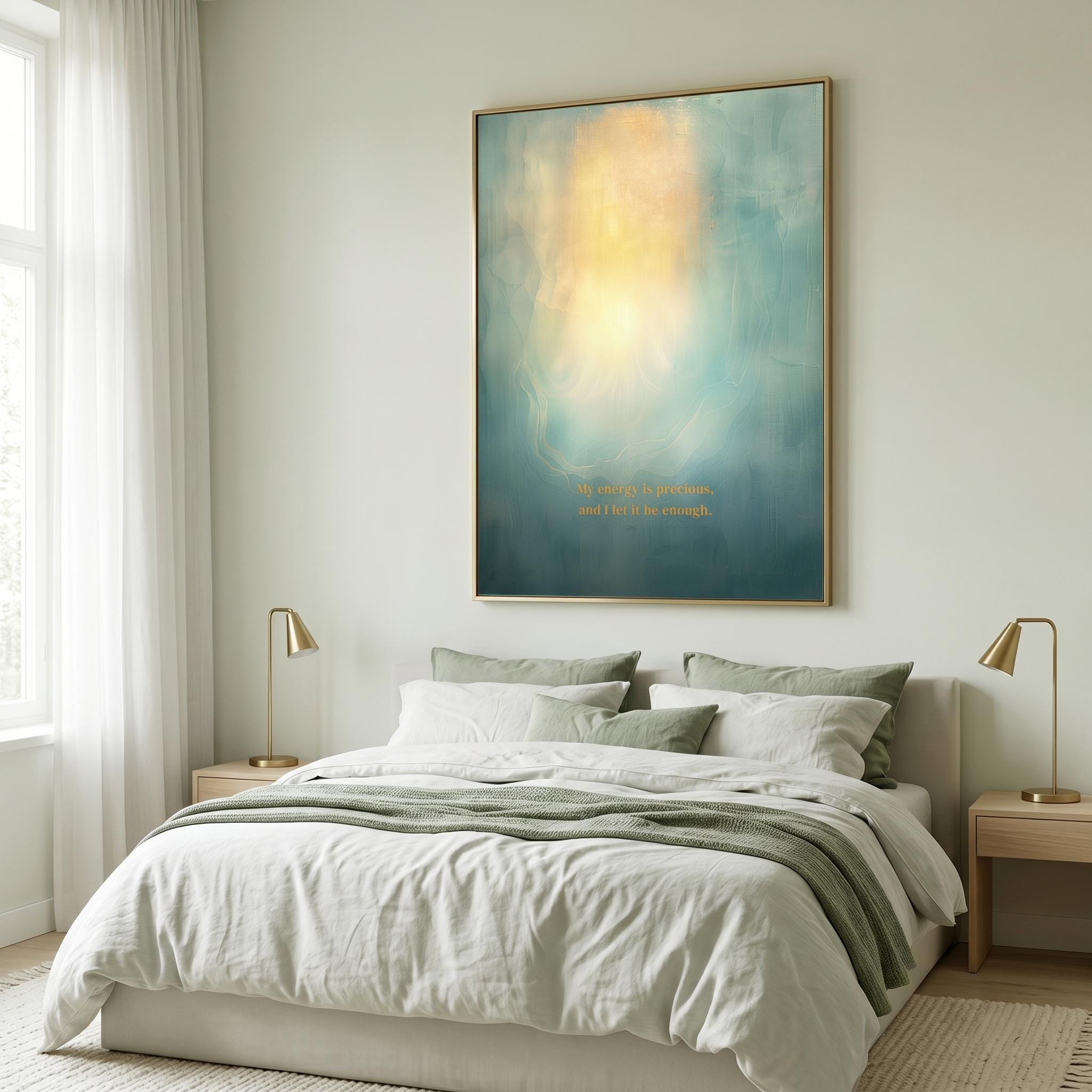 "My energy is precious, and I let it be enough." — Teal & Gold Vertical Glow Abstract Print