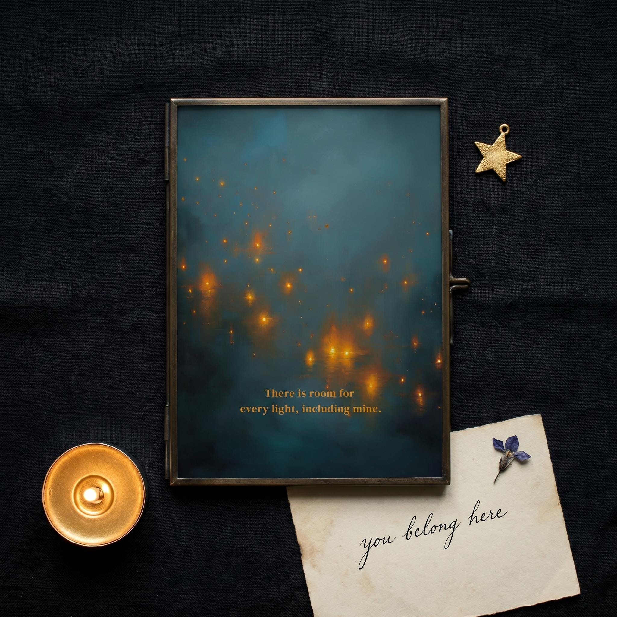 "There is room for every light, including mine." — Teal & Gold Distant Lights Abstract Print