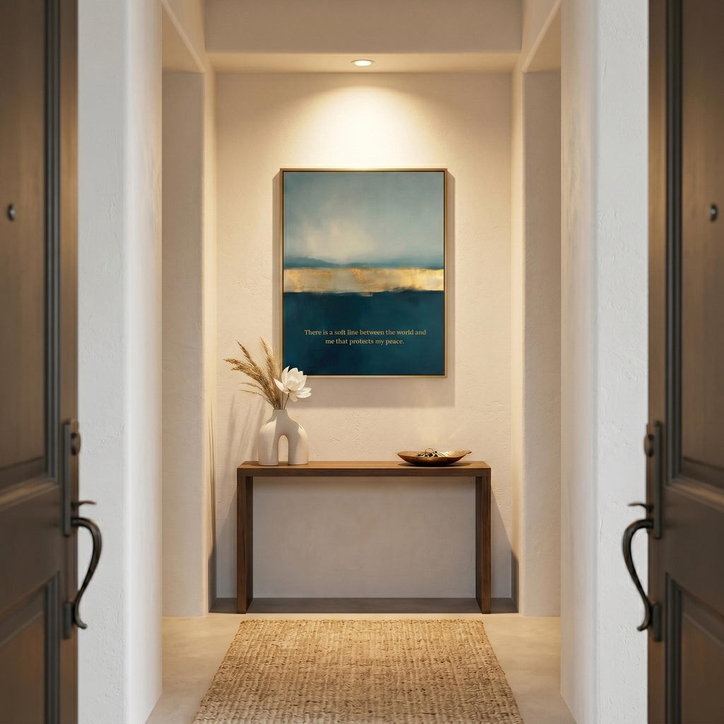 A framed abstract landscape art print with blue, beige, and gold tones hangs on a beige wall in a hallway above a wooden console table with a vase of dried grass and a small bowl. The hallway is framed symmetrically by dark wood doors on both sides.
