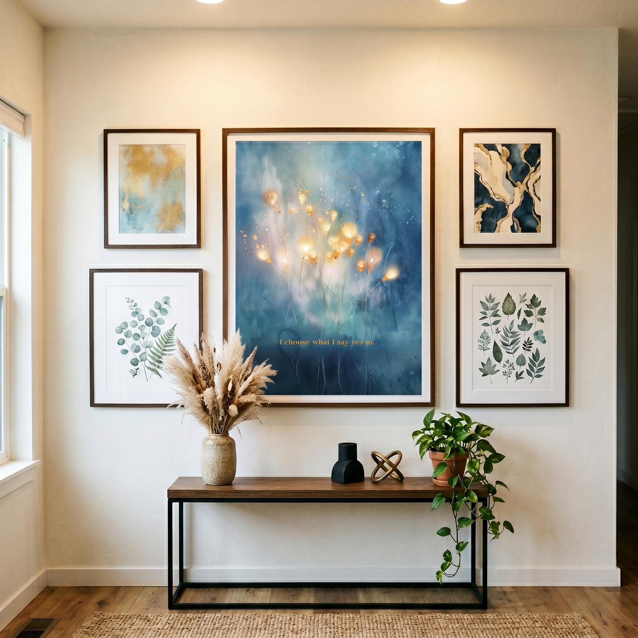 "I choose what I say yes to." — Teal & Gold Horizon Print, Abstract Skyline Boundary Affirmation Wall Art