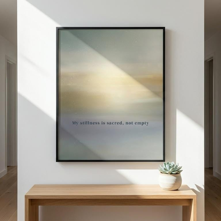A framed abstract wall art print hangs on a white hallway wall above a light wood console table. The artwork features soft beige, gray, and blue tones with small centered text near the bottom.