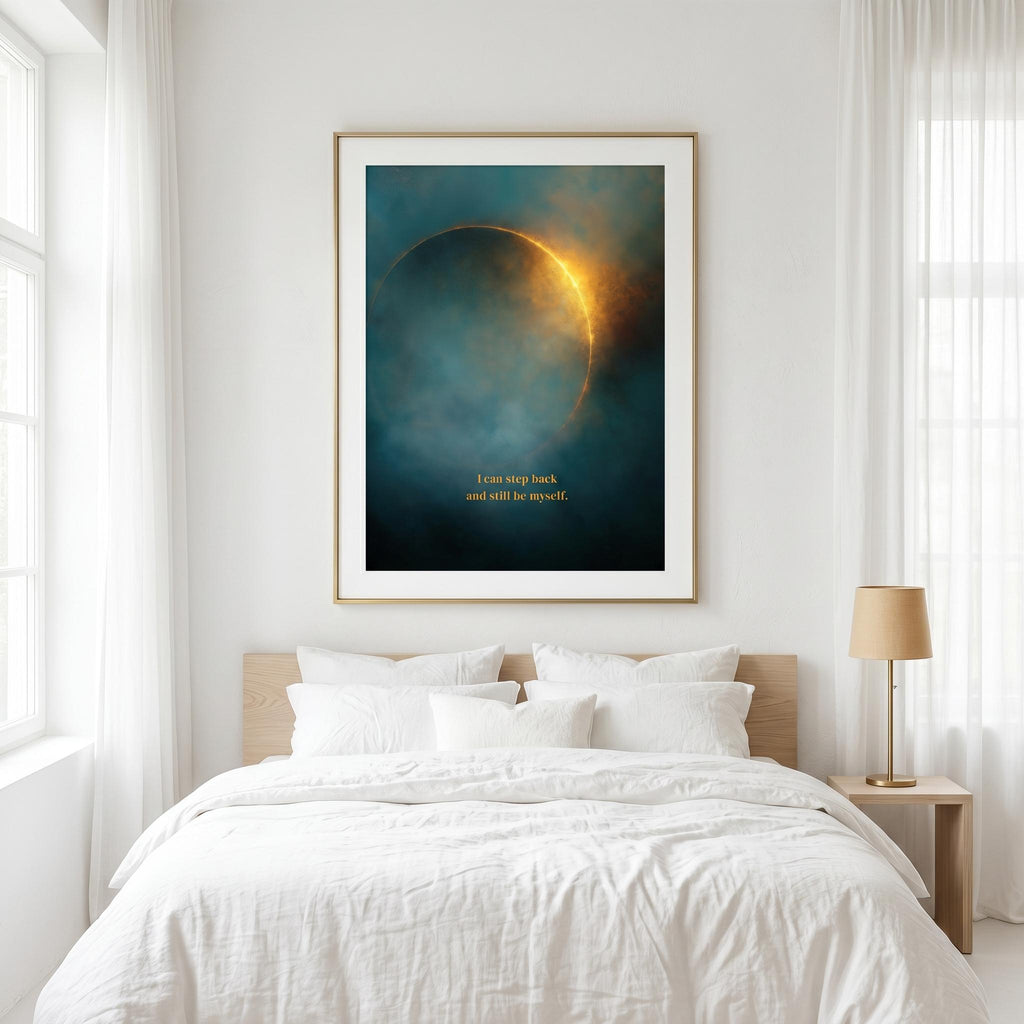"I can step back and still be myself." — Teal & Gold Eclipse Print, Celestial Abstract Bedroom Wall Art (Digital Download)