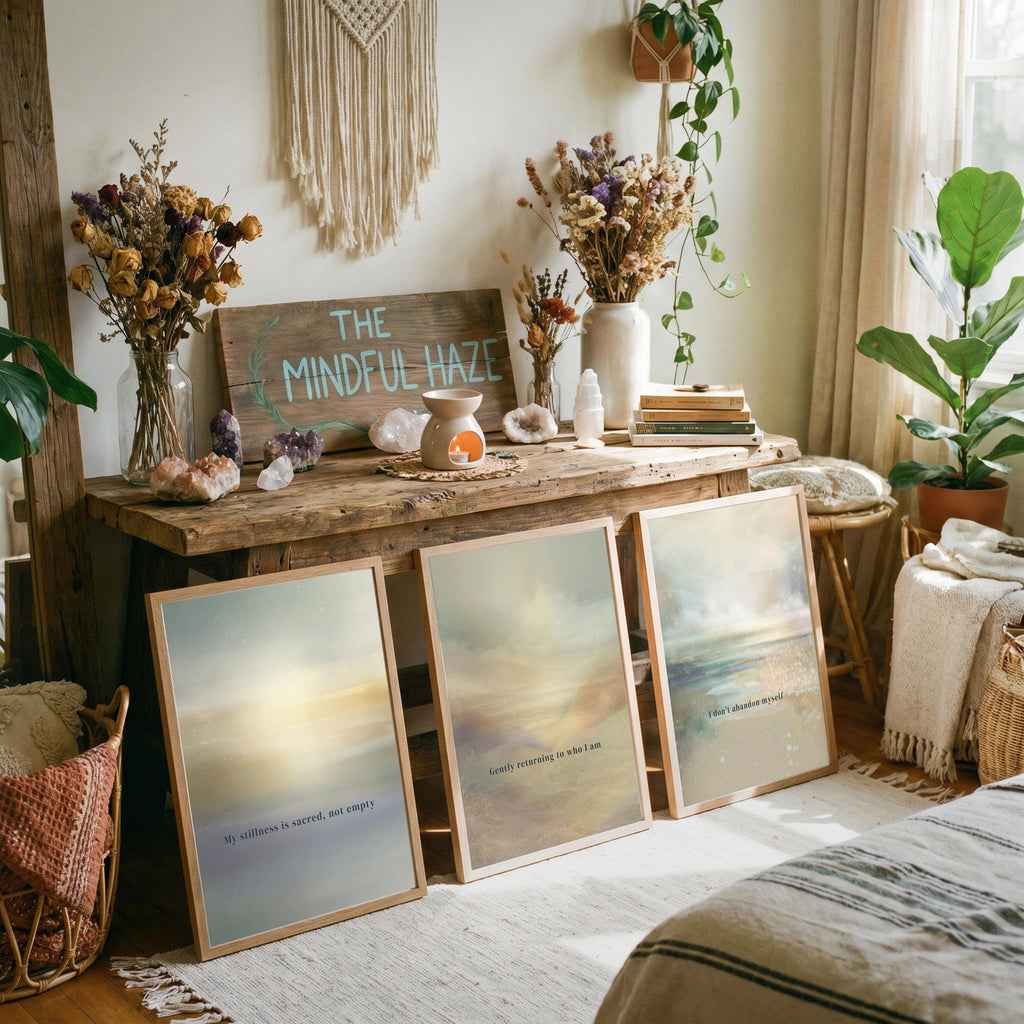 "Stillness, returning, belonging." — Mindfulness Gallery Wall Set of 3, Ethereal Aura Affirmation Prints (Digital Download)