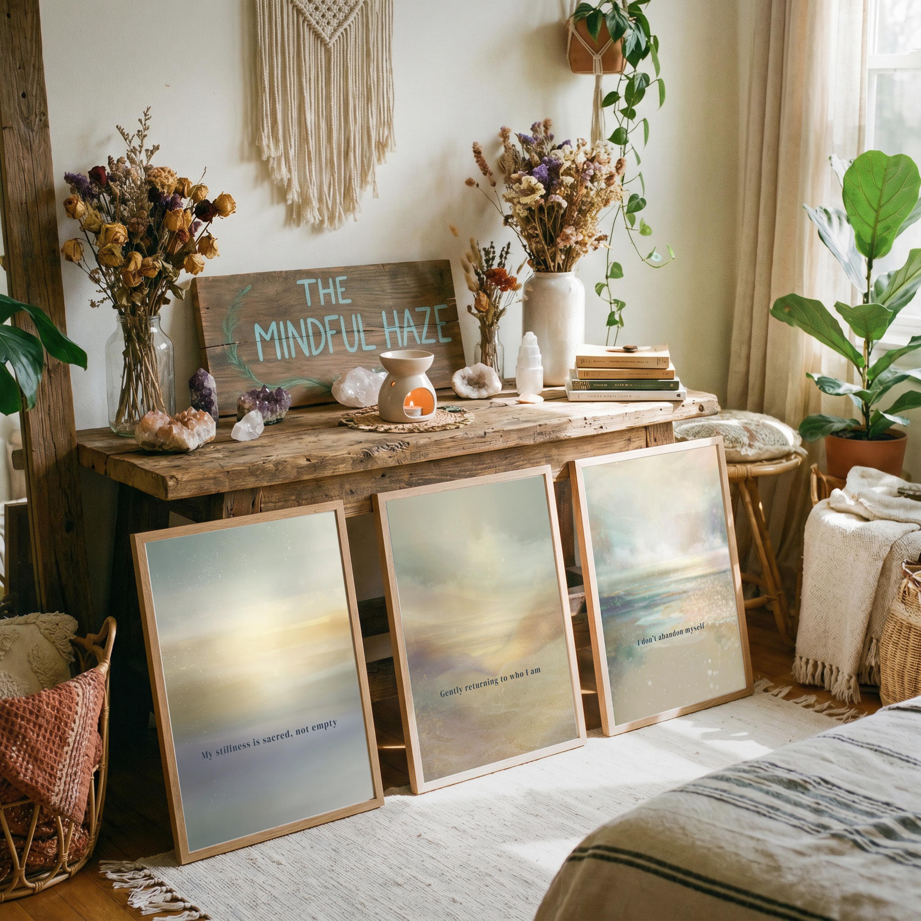 "Stillness, returning, belonging." — Mindfulness Gallery Wall Set of 3, Ethereal Aura Affirmation Prints (Digital Download)