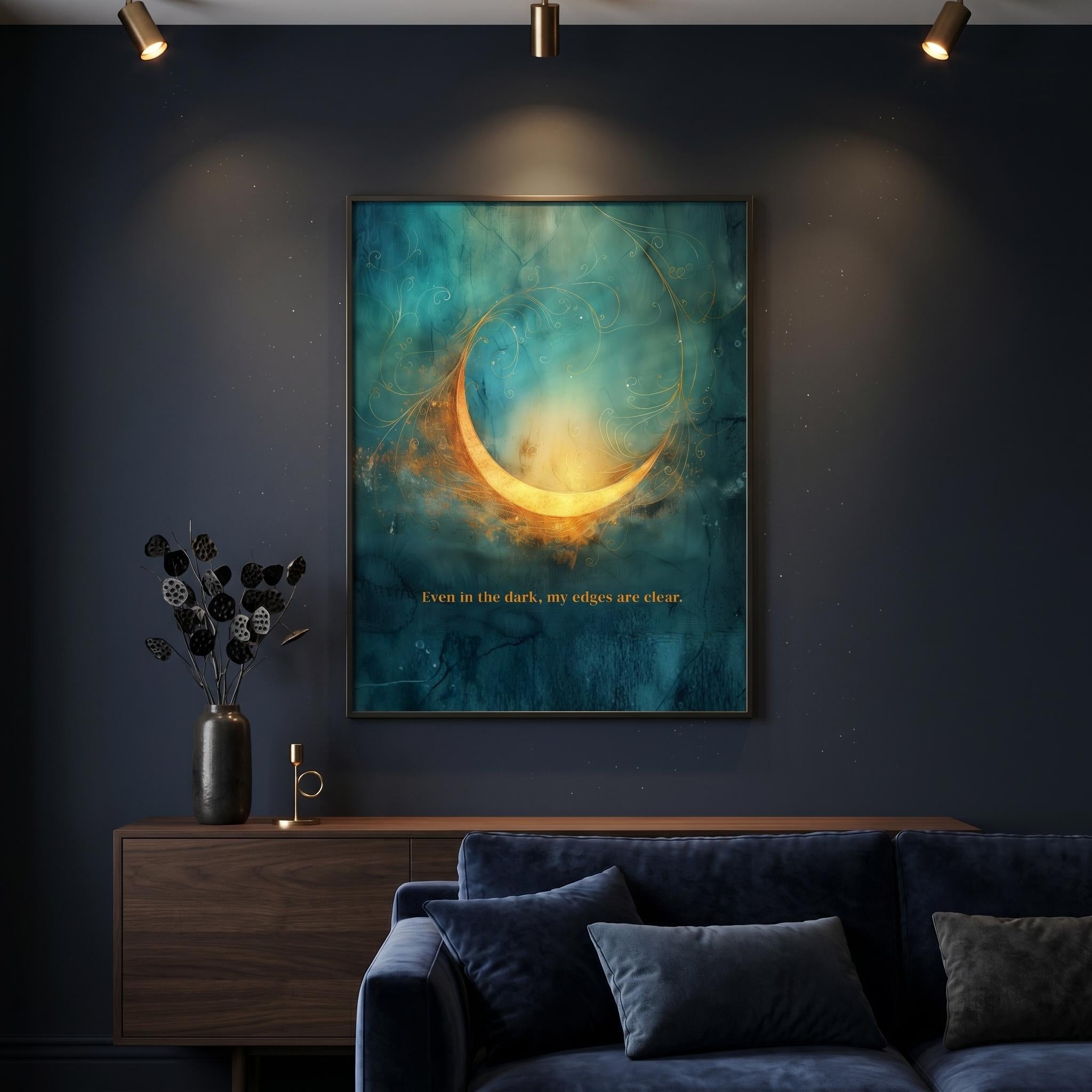 "Even in the dark, my edges are clear." — Teal & Gold Abstract Glow Print, Boundary Affirmation Wall Art