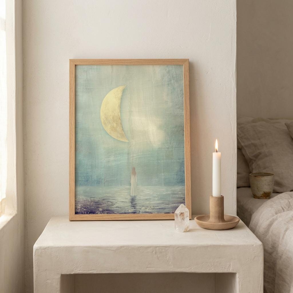 "I find harmony in the in-between." — Half Moon Print, Celestial Balance Wall Art, Teal & Gold (Digital Download)