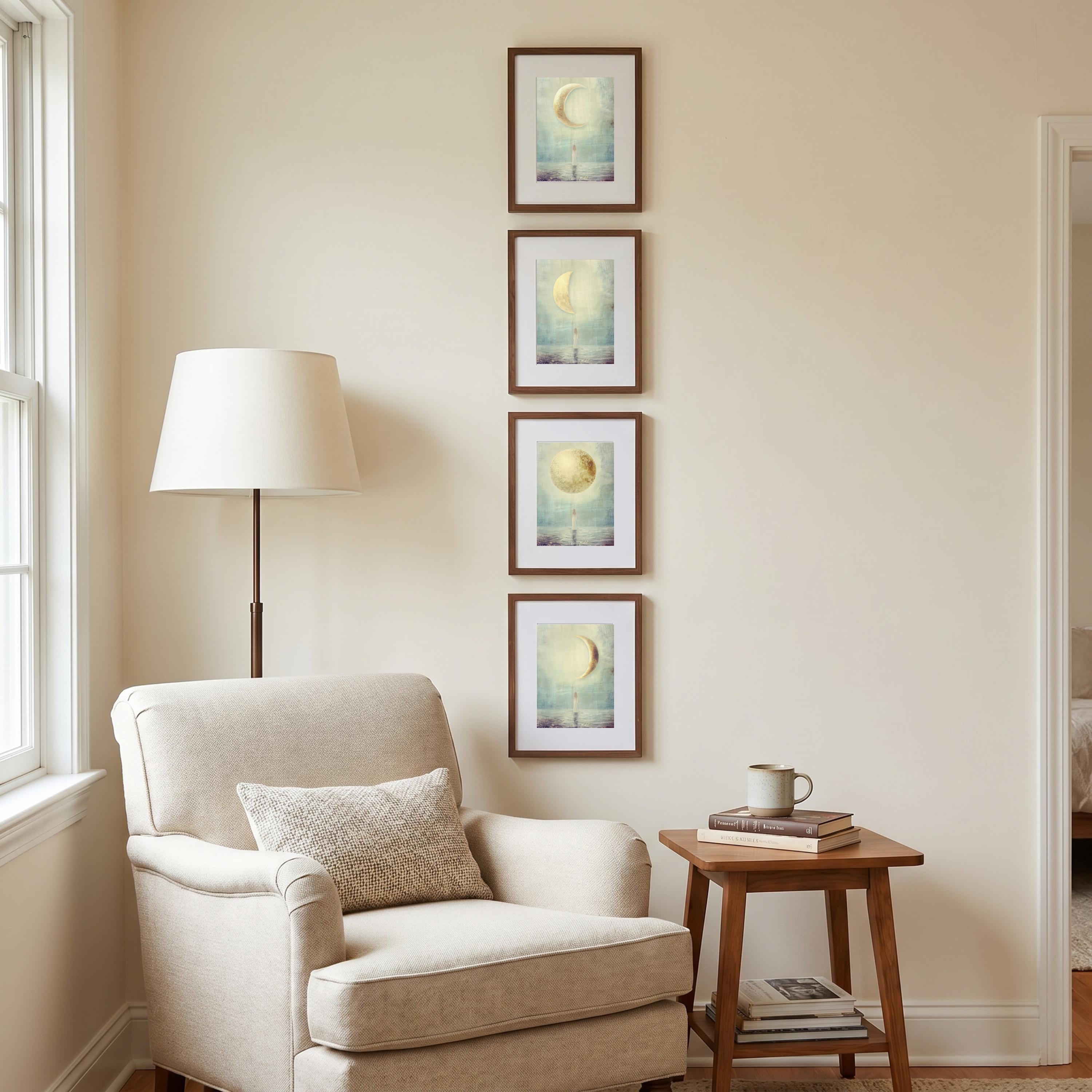 "New, crescent, full — every phase is sacred." — Moon Phases Wall Art Set, Minimalist Celestial Gallery Wall (Digital Download)
