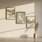 Narrow Sage Green Wall Art Set of 3, Vertical Abstract Wave & Moon Prints, Hallway Decor