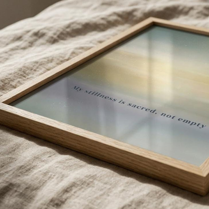 A square framed art print with a light wood frame lies on a textured beige linen surface. The print features a soft gradient background with the text 'Silence is sacred, not empty' in a thin dark font.