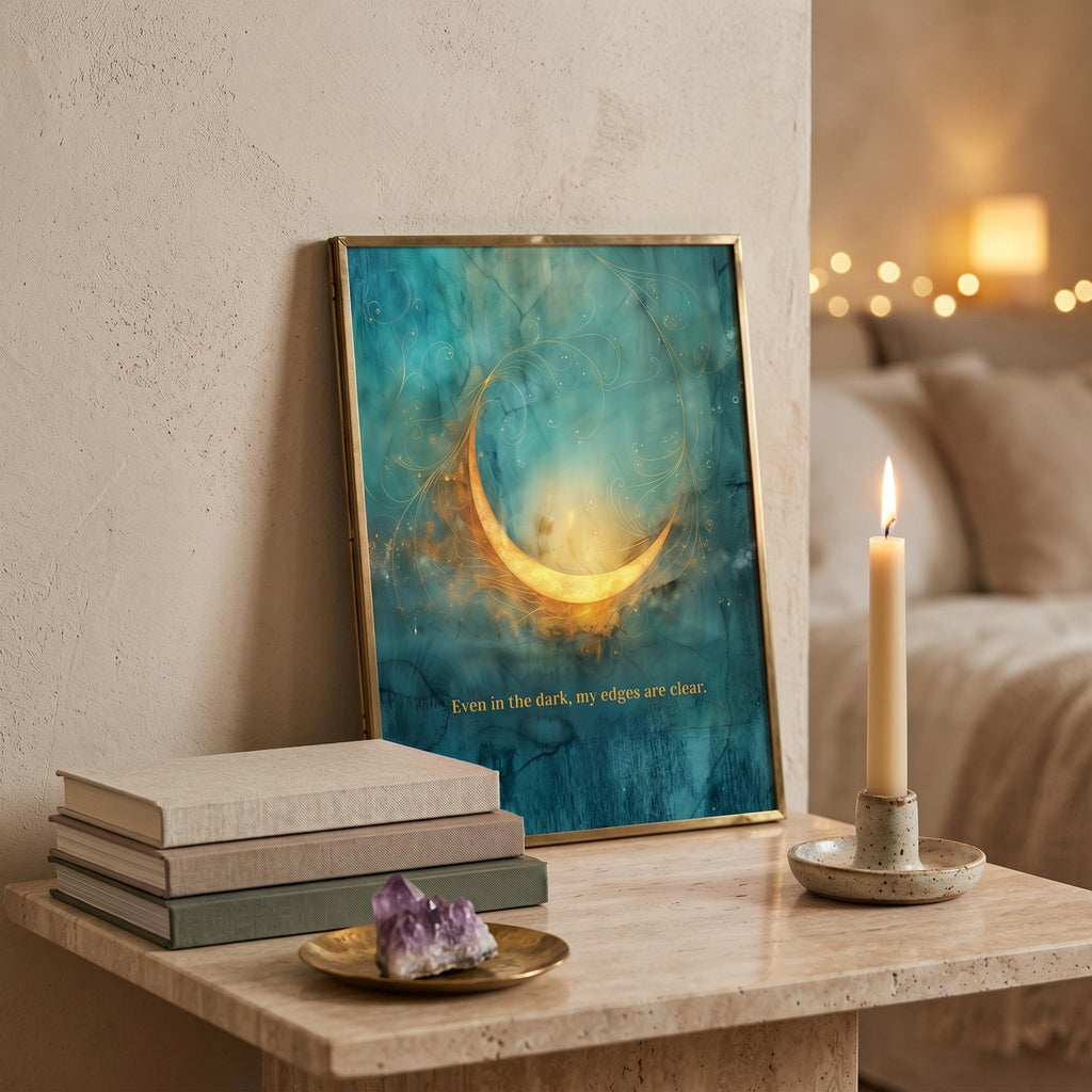Celestial Moon Wall Art Set of 3, Teal & Gold Spiritual Lunar Prints, Bedroom Gallery Wall