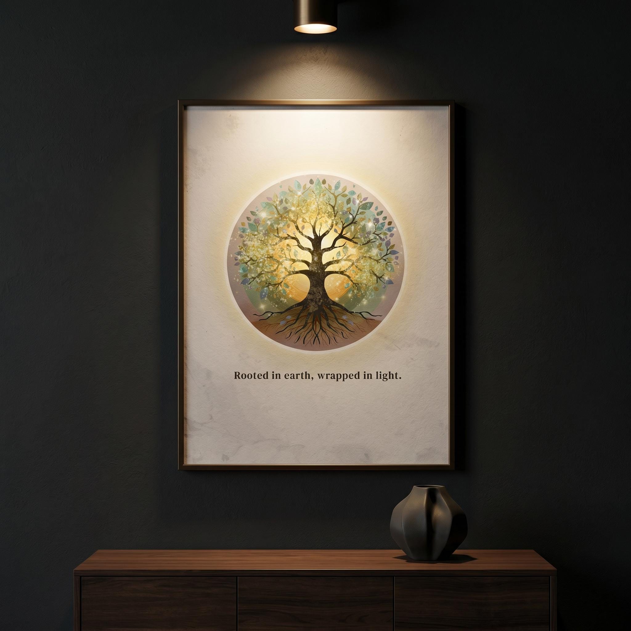 Sacred geometry tree art print displayed in a modern room gallery wall