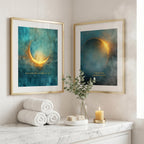 Celestial Moon Wall Art Set of 3, Teal & Gold Spiritual Lunar Prints, Bedroom Gallery Wall