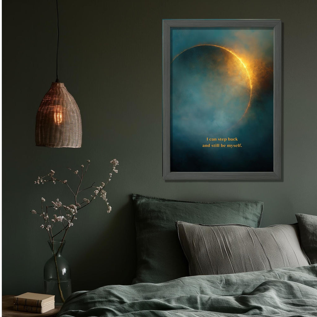 "I can step back and still be myself." — Teal & Gold Eclipse Print, Celestial Abstract Bedroom Wall Art (Digital Download)