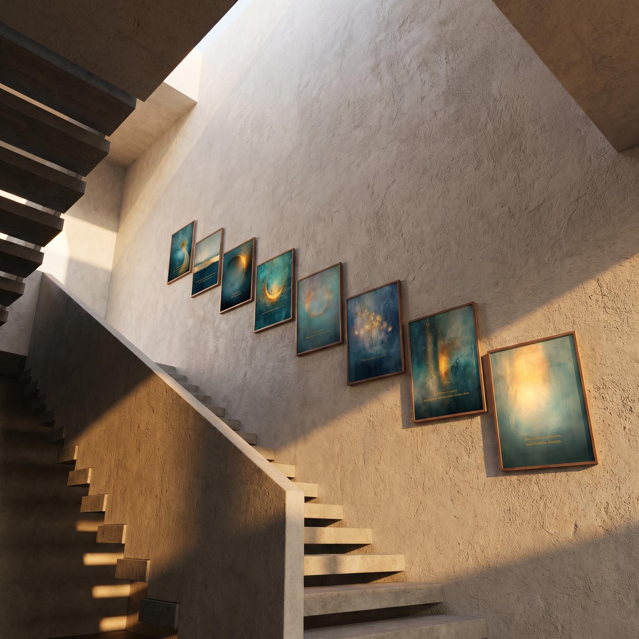 "Deep teal, gold light, sacred space." — Celestial Teal & Gold Gallery Wall Set of 9, Abstract Landscape Hallway Prints