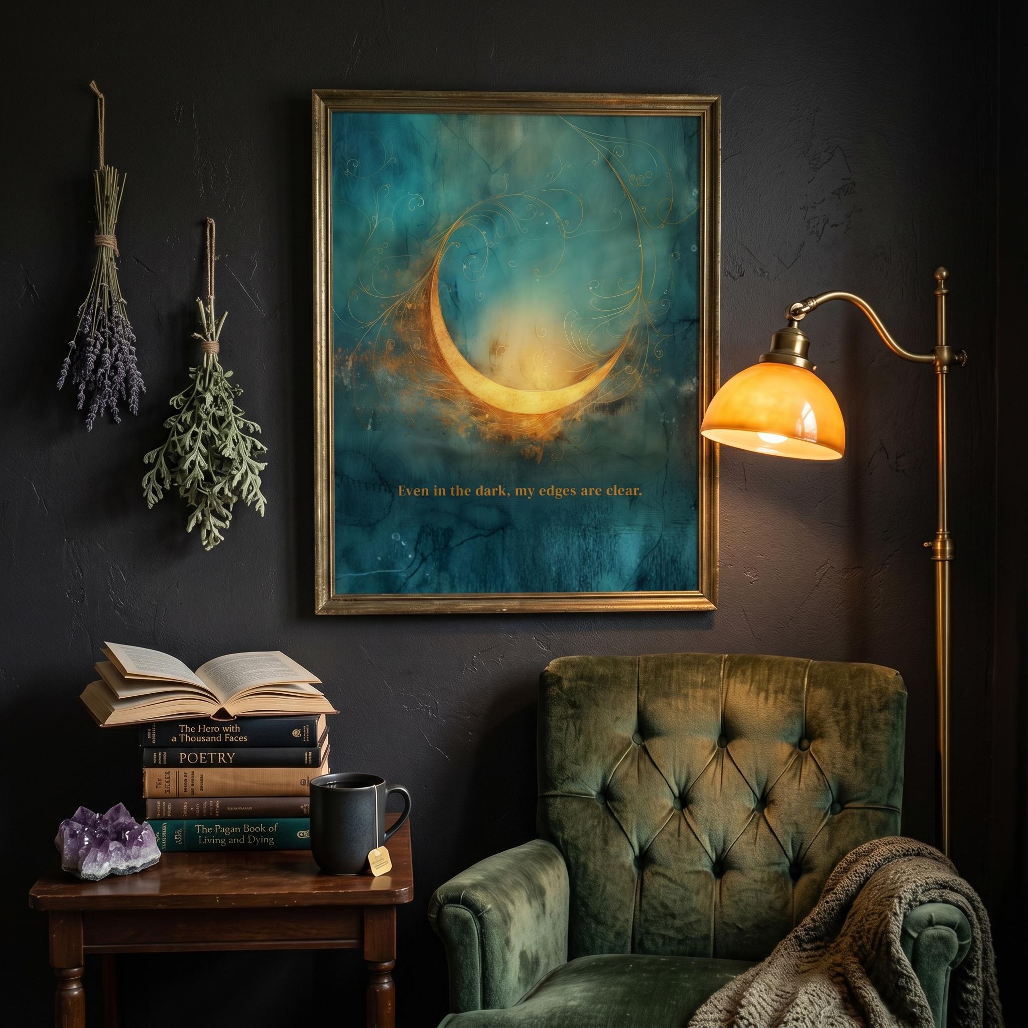 "Even in the dark, my edges are clear." — Teal & Gold Abstract Glow Print, Boundary Affirmation Wall Art