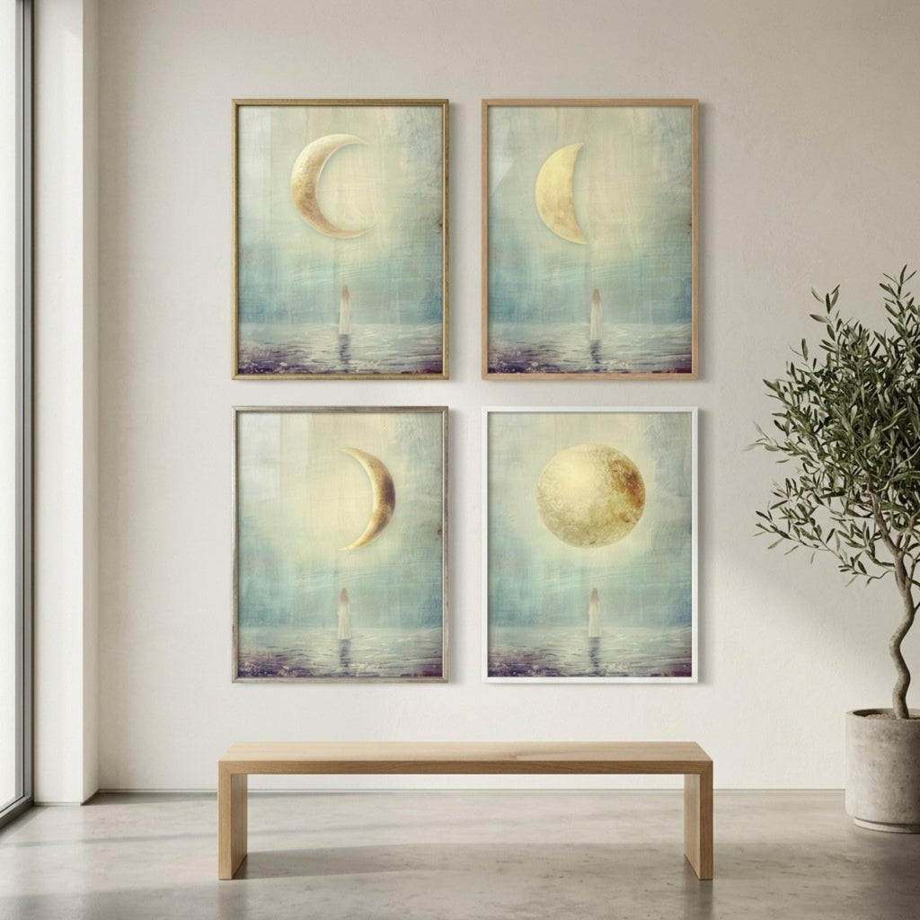 "New, crescent, full — every phase is sacred." — Moon Phases Wall Art Set, Minimalist Celestial Gallery Wall (Digital Download)