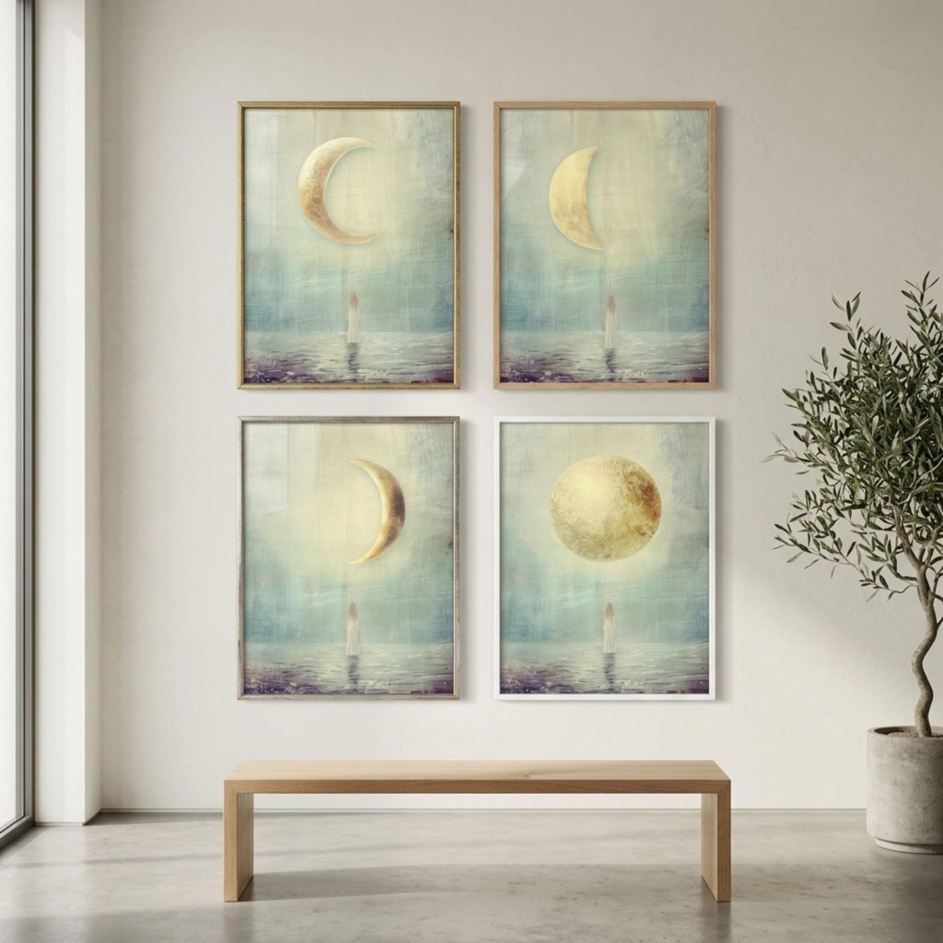"New, crescent, full — every phase is sacred." — Moon Phases Wall Art Set, Minimalist Celestial Gallery Wall (Digital Download)