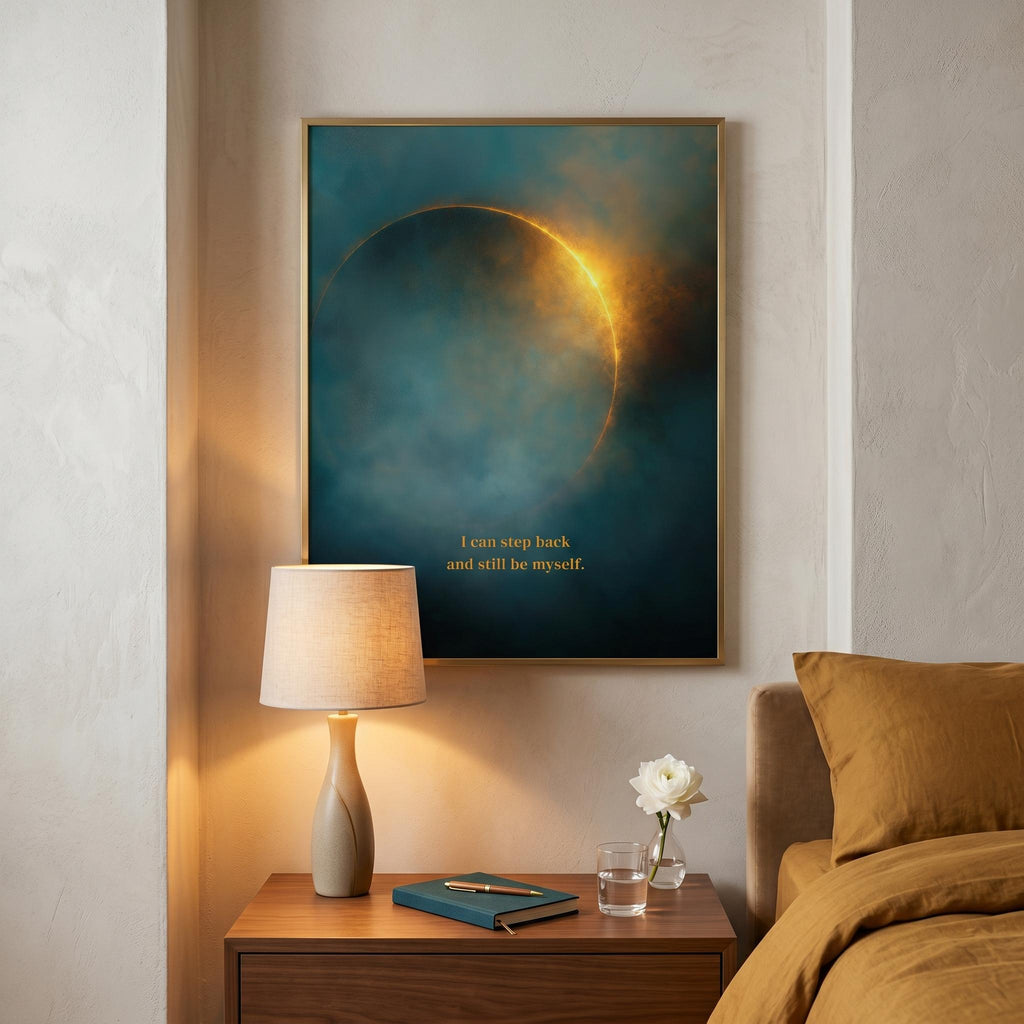 "I can step back and still be myself." — Teal & Gold Eclipse Print, Celestial Abstract Bedroom Wall Art (Digital Download)