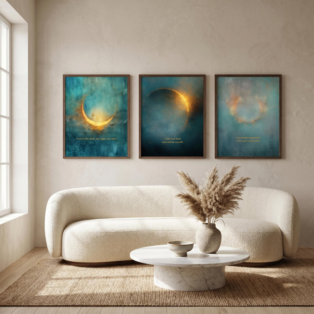 Celestial Moon Wall Art Set of 3, Teal & Gold Spiritual Lunar Prints, Bedroom Gallery Wall