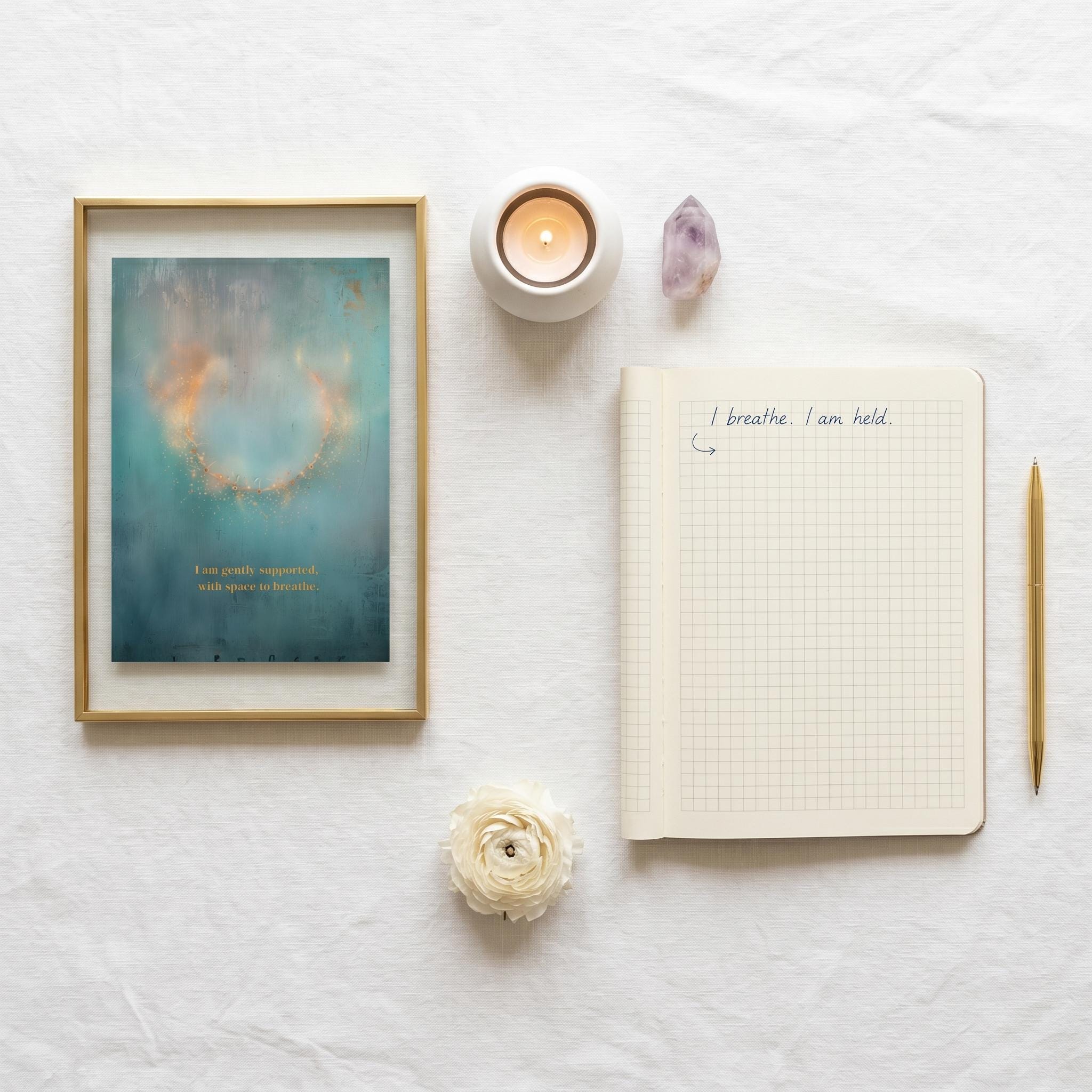 "I am gently supported, with space to breathe." — Teal & Gold Circle of Light Abstract Print (Digital Download)