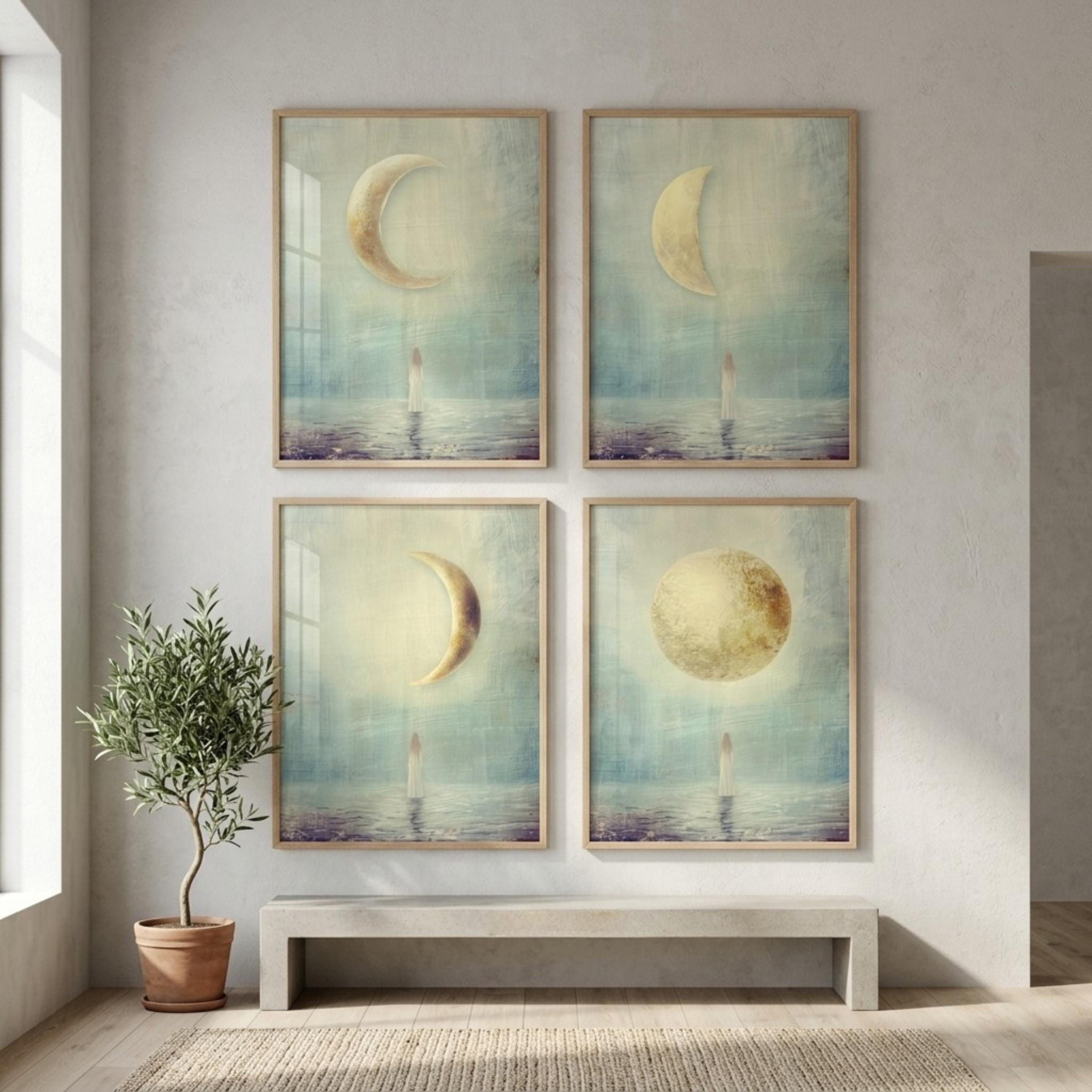 "New, crescent, full — every phase is sacred." — Moon Phases Wall Art Set, Minimalist Celestial Gallery Wall (Digital Download)