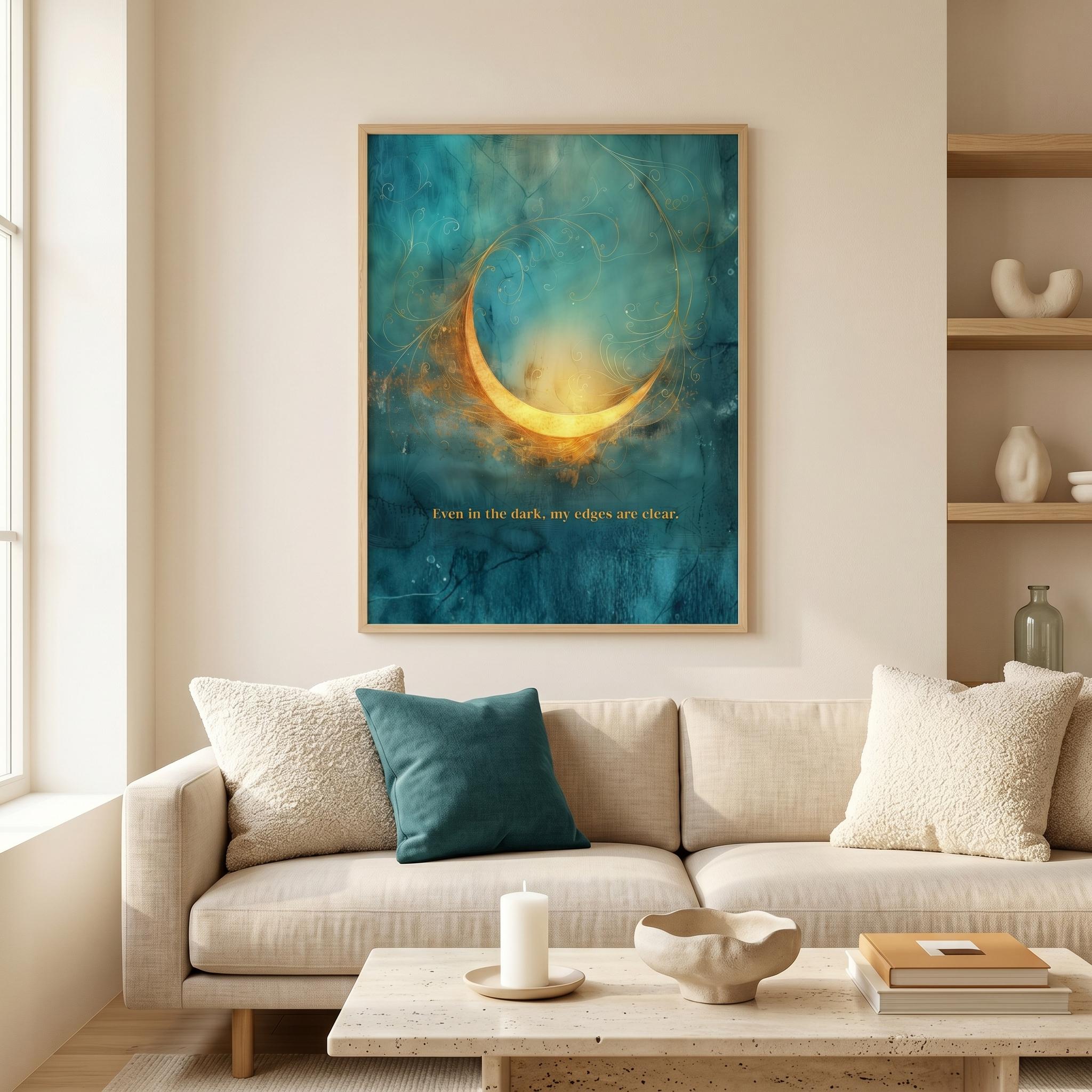 "Even in the dark, my edges are clear." — Teal & Gold Abstract Glow Print, Boundary Affirmation Wall Art