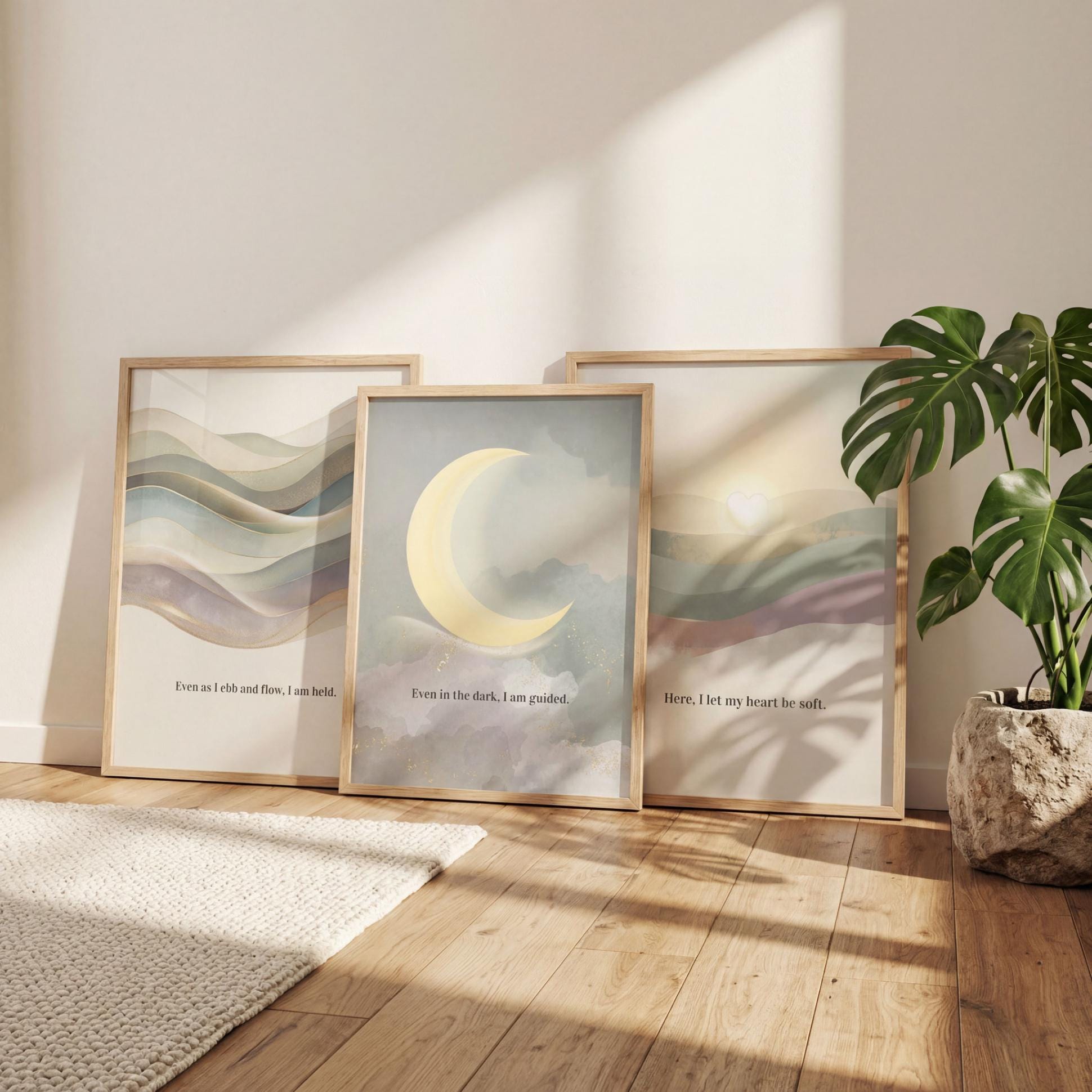 Narrow Sage Green Wall Art Set of 3, Vertical Abstract Wave & Moon Prints, Hallway Decor