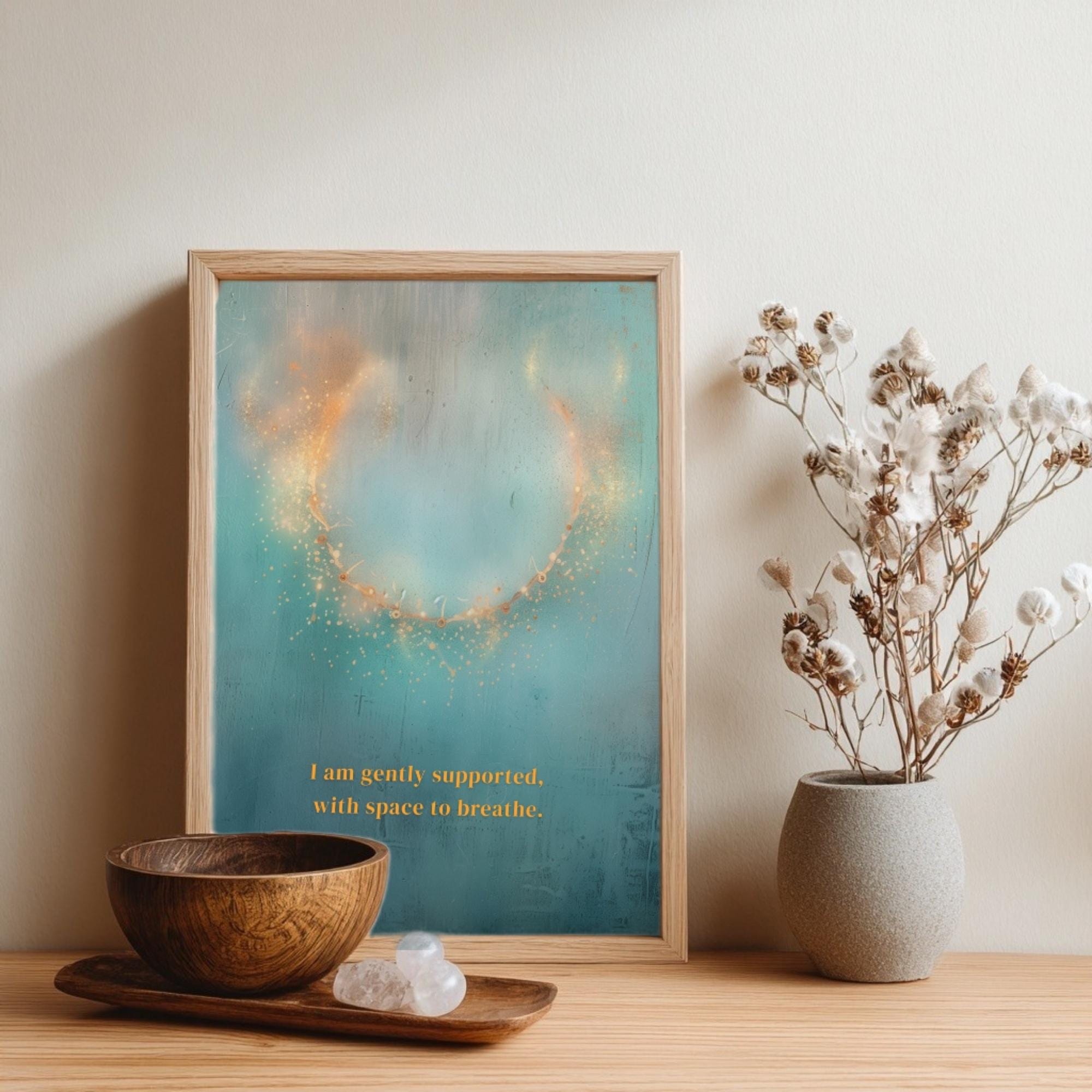 "I am gently supported, with space to breathe." — Teal & Gold Circle of Light Abstract Print (Digital Download)