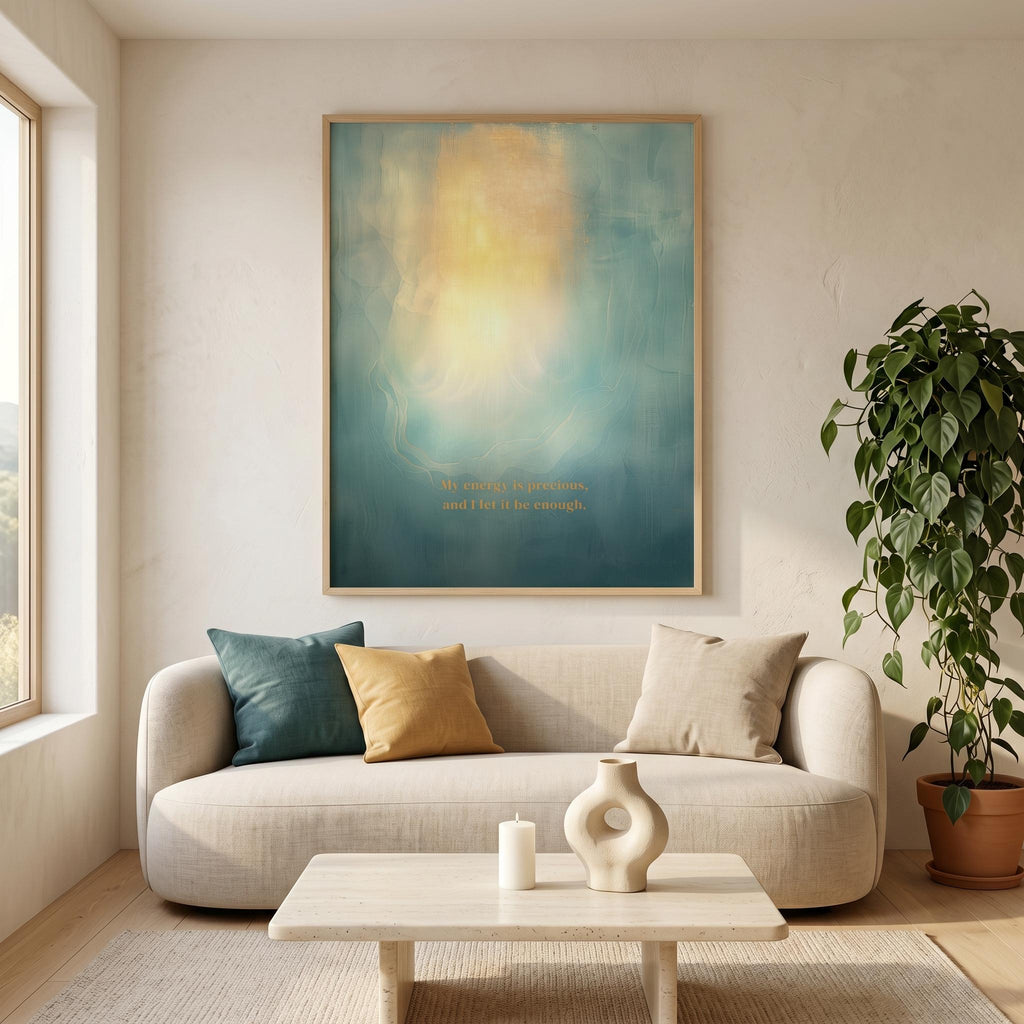 "My energy is precious, and I let it be enough." — Teal & Gold Vertical Glow Abstract Print
