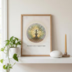 Inner Light tree wall art framed on a wooden shelf in a meditation room with a potted pothos plant, candle and meditations stone