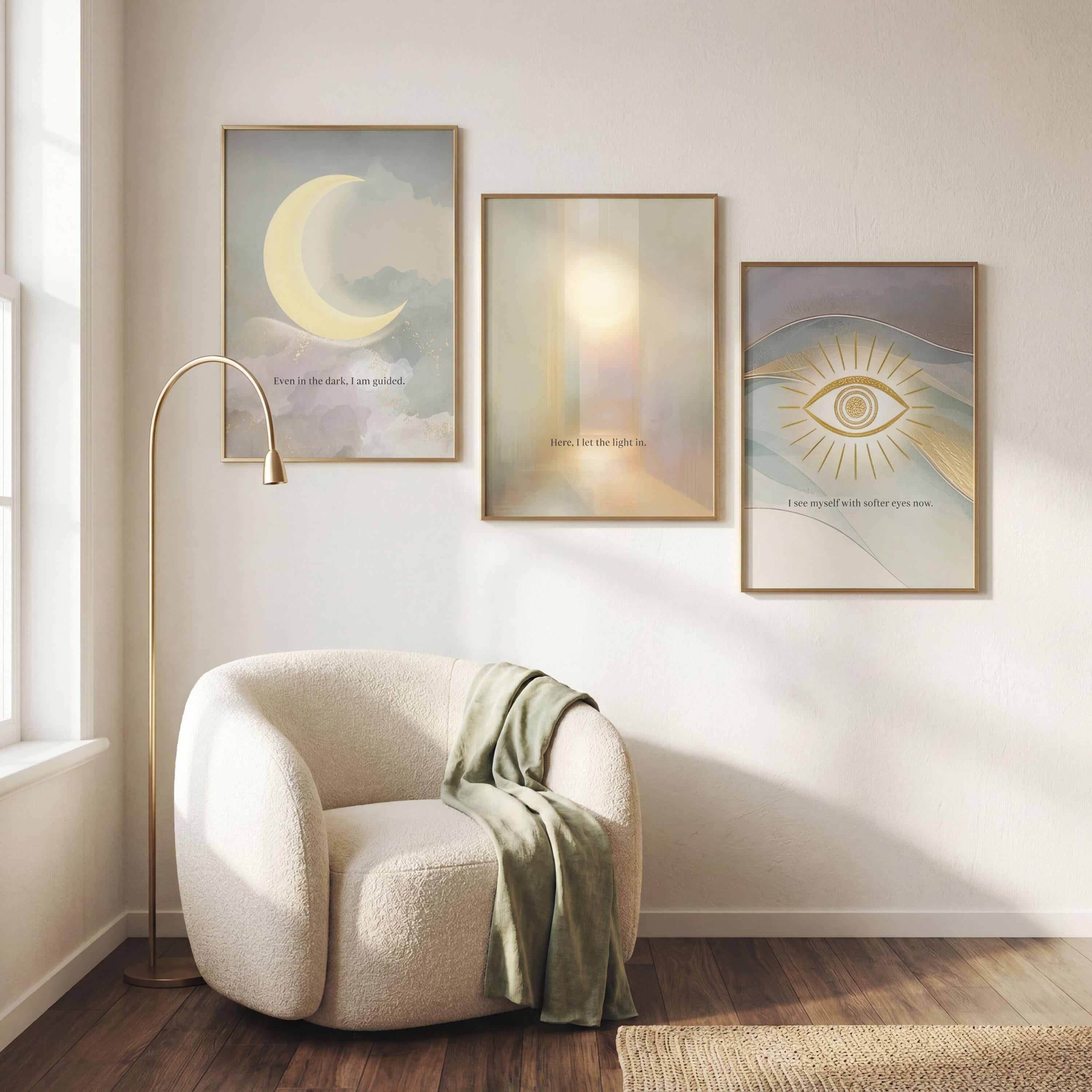 Spiritual Moon Chakra Vertical Print Set of 3, Narrow Hallway Wall Art