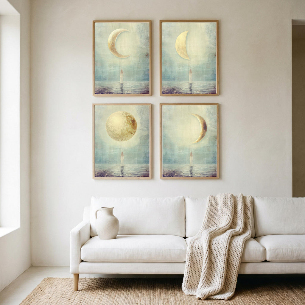 "New, crescent, full — every phase is sacred." — Moon Phases Wall Art Set, Minimalist Celestial Gallery Wall (Digital Download)