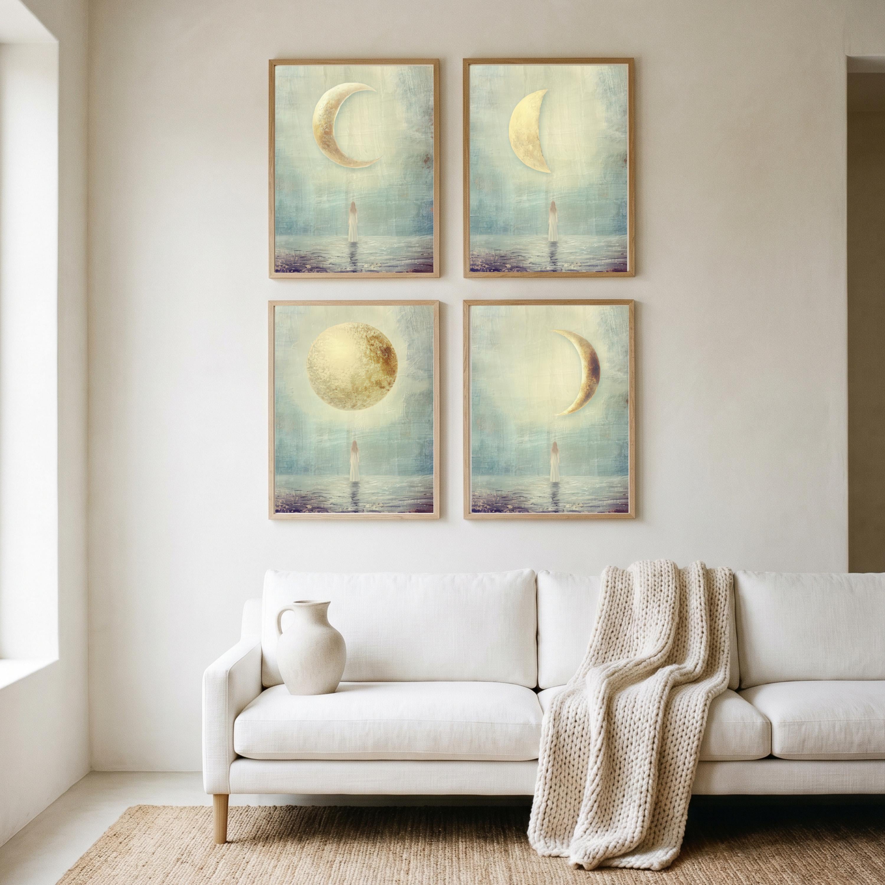 "New, crescent, full — every phase is sacred." — Moon Phases Wall Art Set, Minimalist Celestial Gallery Wall (Digital Download)